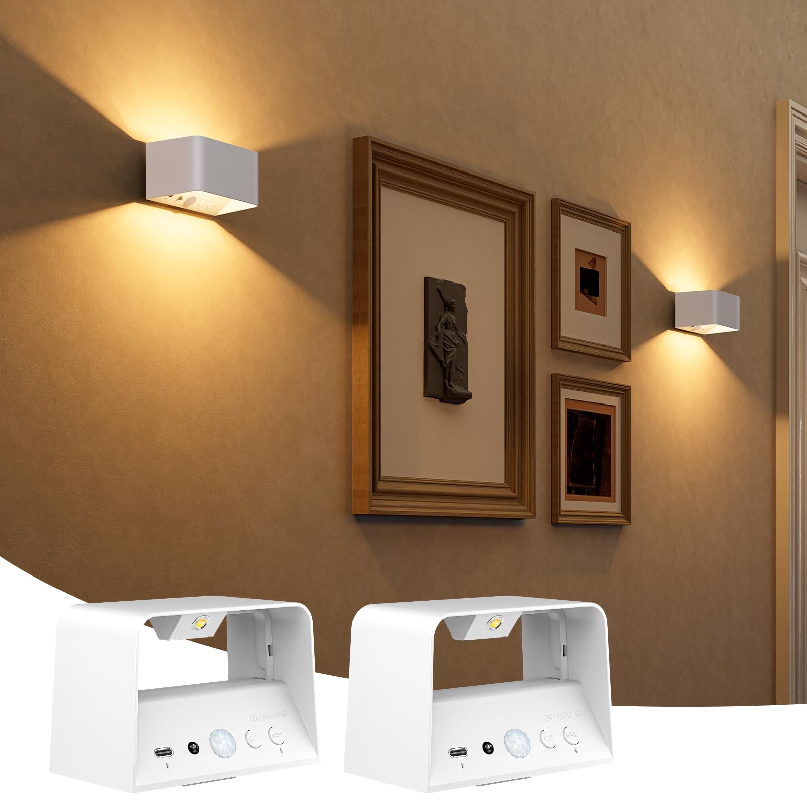 NIORSUN Motion Sensor Wall Light, 3CCT Dimmable, Rechargeable, White, 2 Pack, Model B003, Battery Operated
