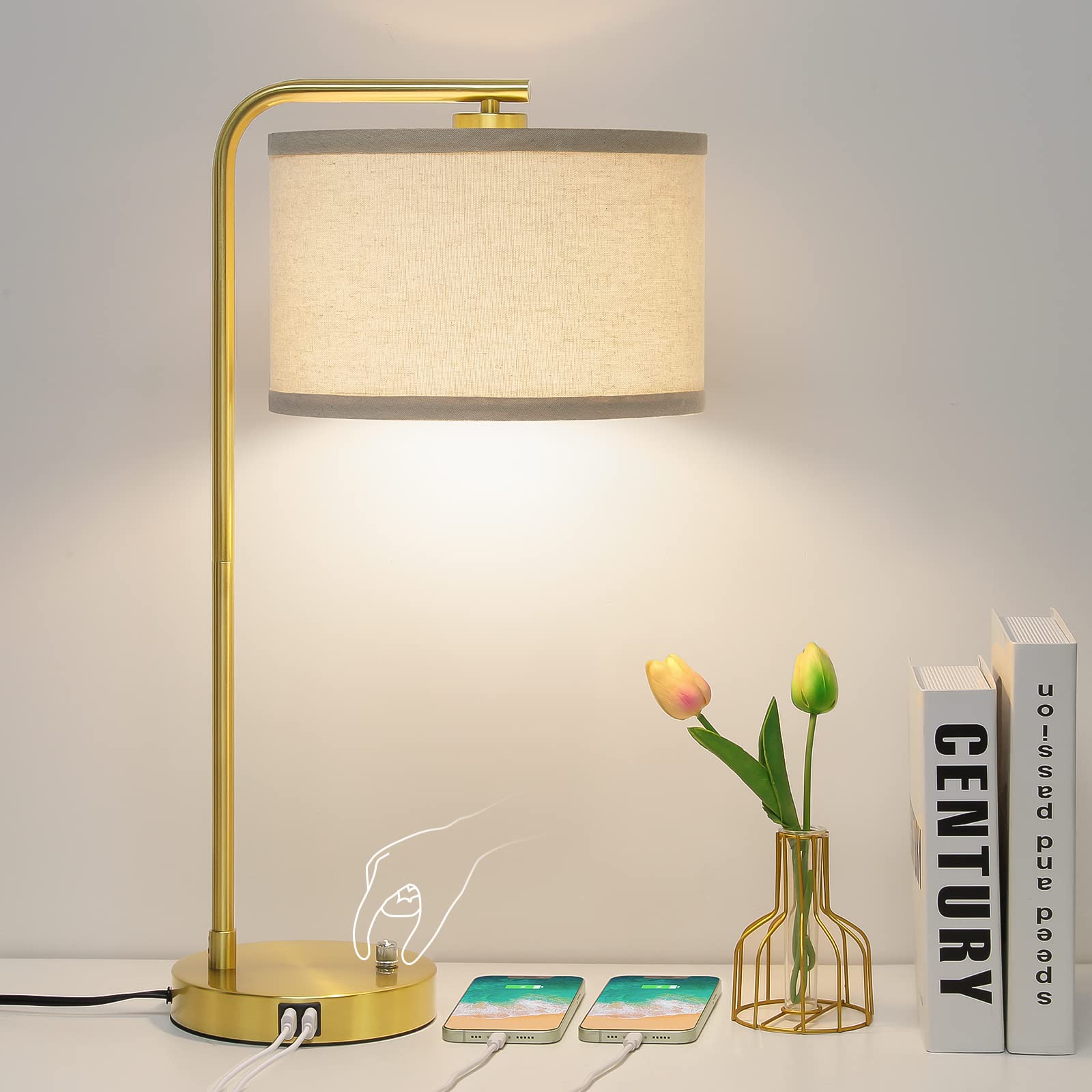 Fully Dimmable Bedside Lamp with Dual USB Ports, Mordern Gold Nightstand Lamp Desk Reading Lamp with Beige Drum Shade, Tall Side