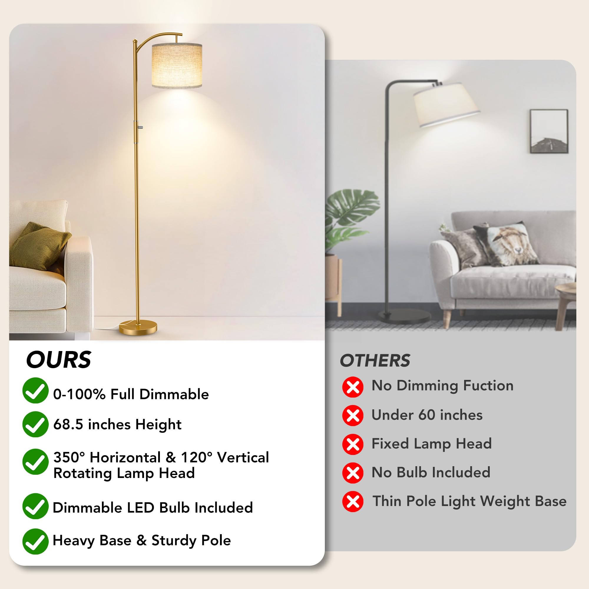 ROTTOGOON Dimmable Arc Floor Lamp, Iron, Gold, Stepless Dimming, Modern Design for Living Room, Model ROFP089AJ1