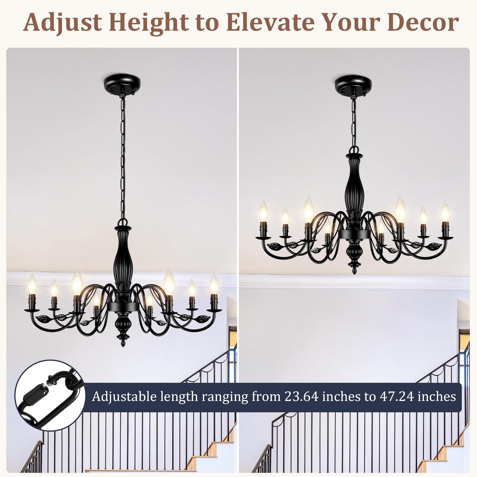 VerRon 29" Large Black Chandelier, 8-Light Metal Fixture, Modern Farmhouse Design for Dining Room, Kitchen, Bedroom, Living Room