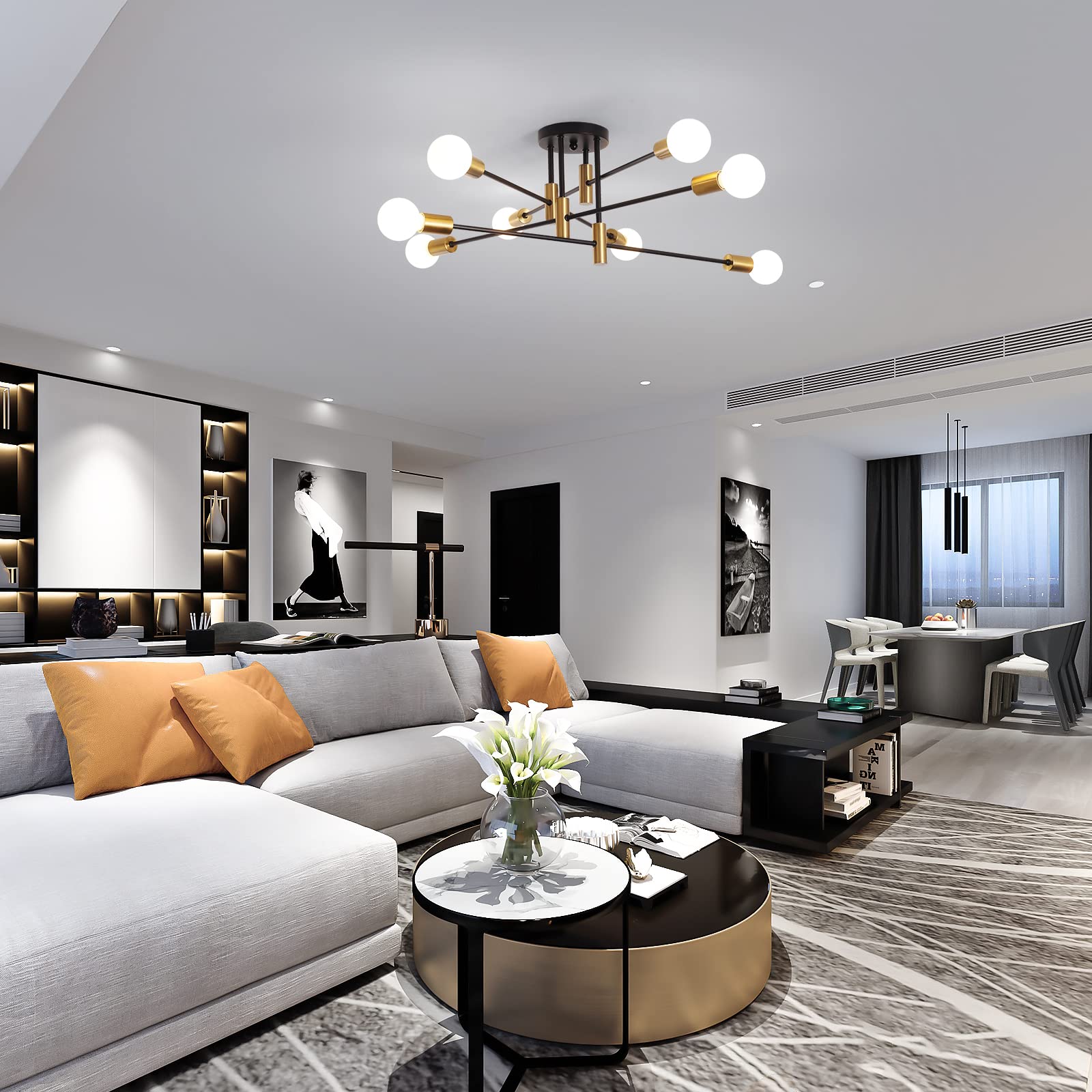 Garwarm 8-Light Black And Gold Sputnik Chandelier, Mid-Century Modern Industrial Semi-Flush Mount Ceiling Light, 11.4In X 31.9In