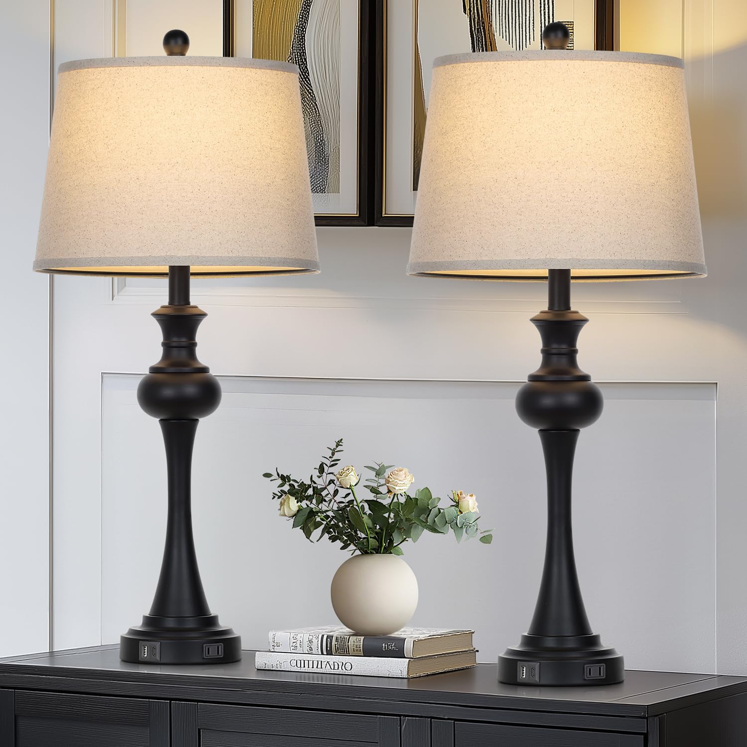 Cinyirong 3-Way Touch Control Modern Table Lamp Set of 2, 28.75", Black, USB A+C Ports, Mid Century, Beige Fabric Shade