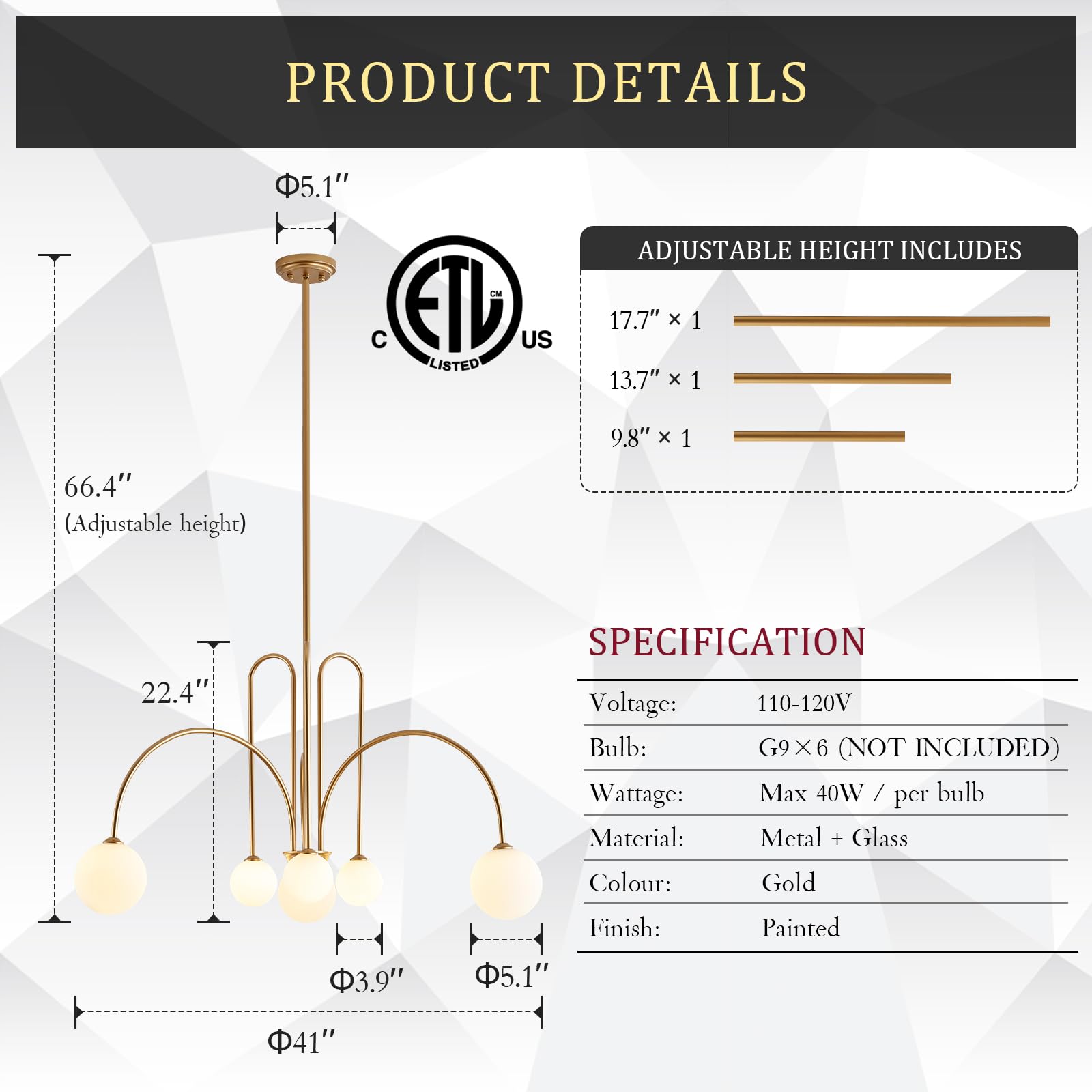 Catiner Gold Sputnik Chandelier,6 Lights Large Modern Chandelier L40”Mid Century Long Ceiling Pendant Light Fixtures For Dining Room With Milk Glass Globe Shades For High Ceiling Foyer Living Room