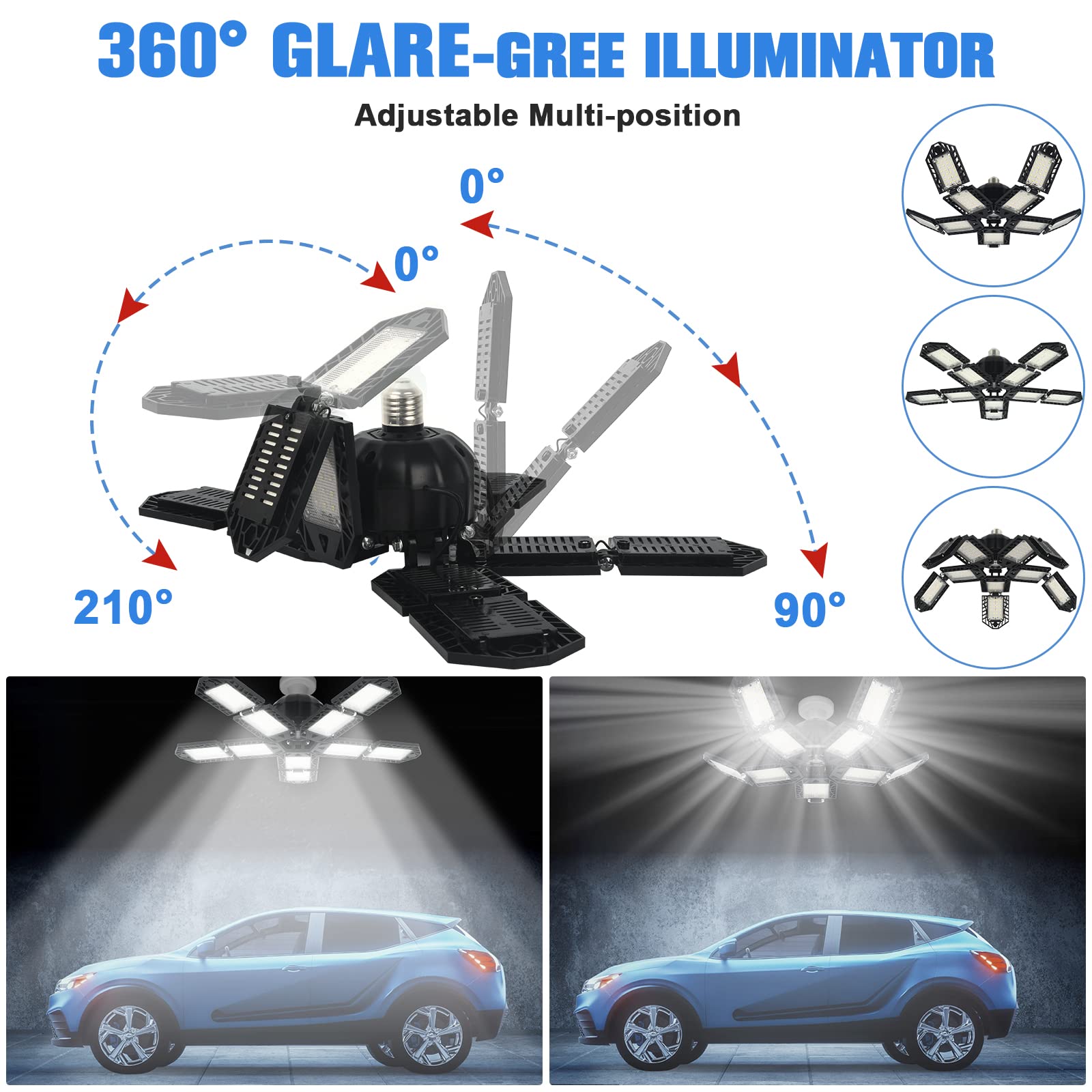 Aoretic Led Garage Lights Bulb 10+1 Panels 2 Pack -200W, 20000Lm 6500K Led Shop Light With 6+1 Deformable Panels, Ceiling Lights