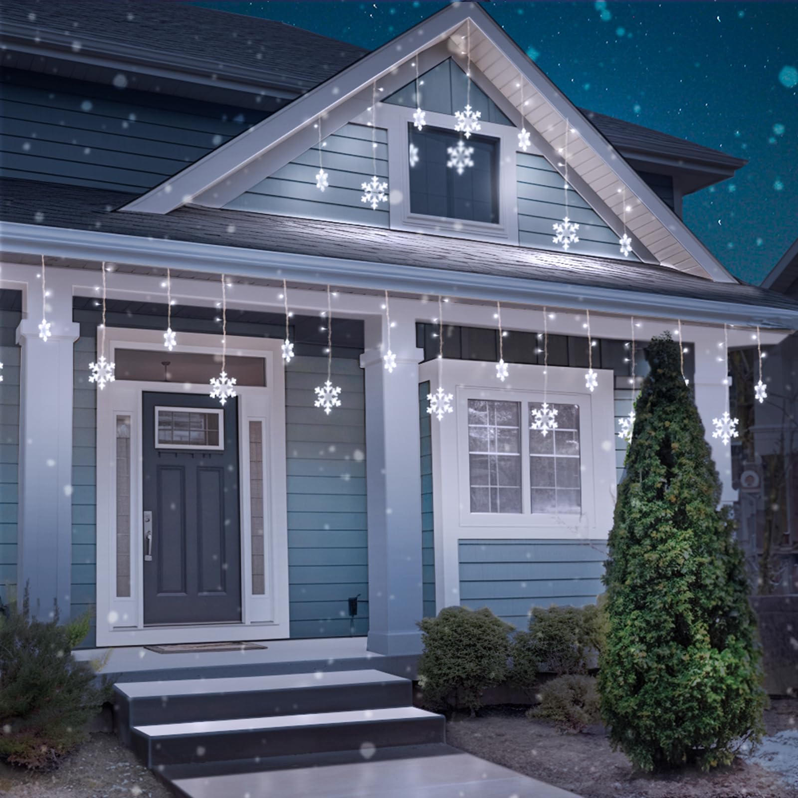 Aulanto Outdoor Snowflake Lights, 16.73Ft 240 Led Snowflake Icicle Lights Waterproof With 20 Drops, 8 Modes Cool White Christmas