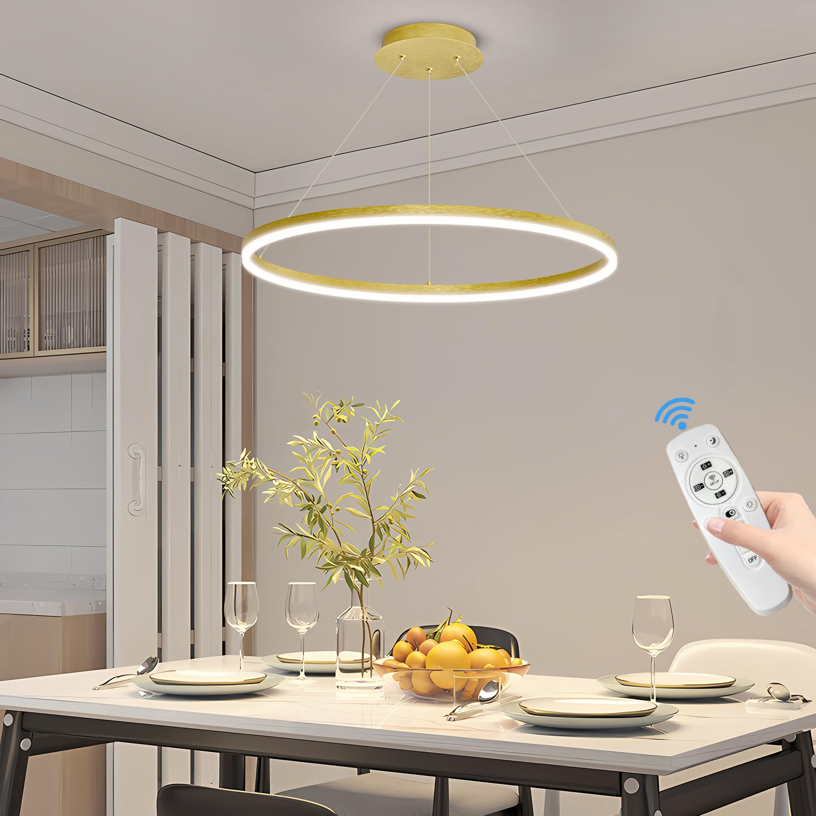 Mikeru Modern LED Chandelier Light with Remote Control, Adjustable 3000K-6500K, 23.6IN, F-Gold, Aluminum Material