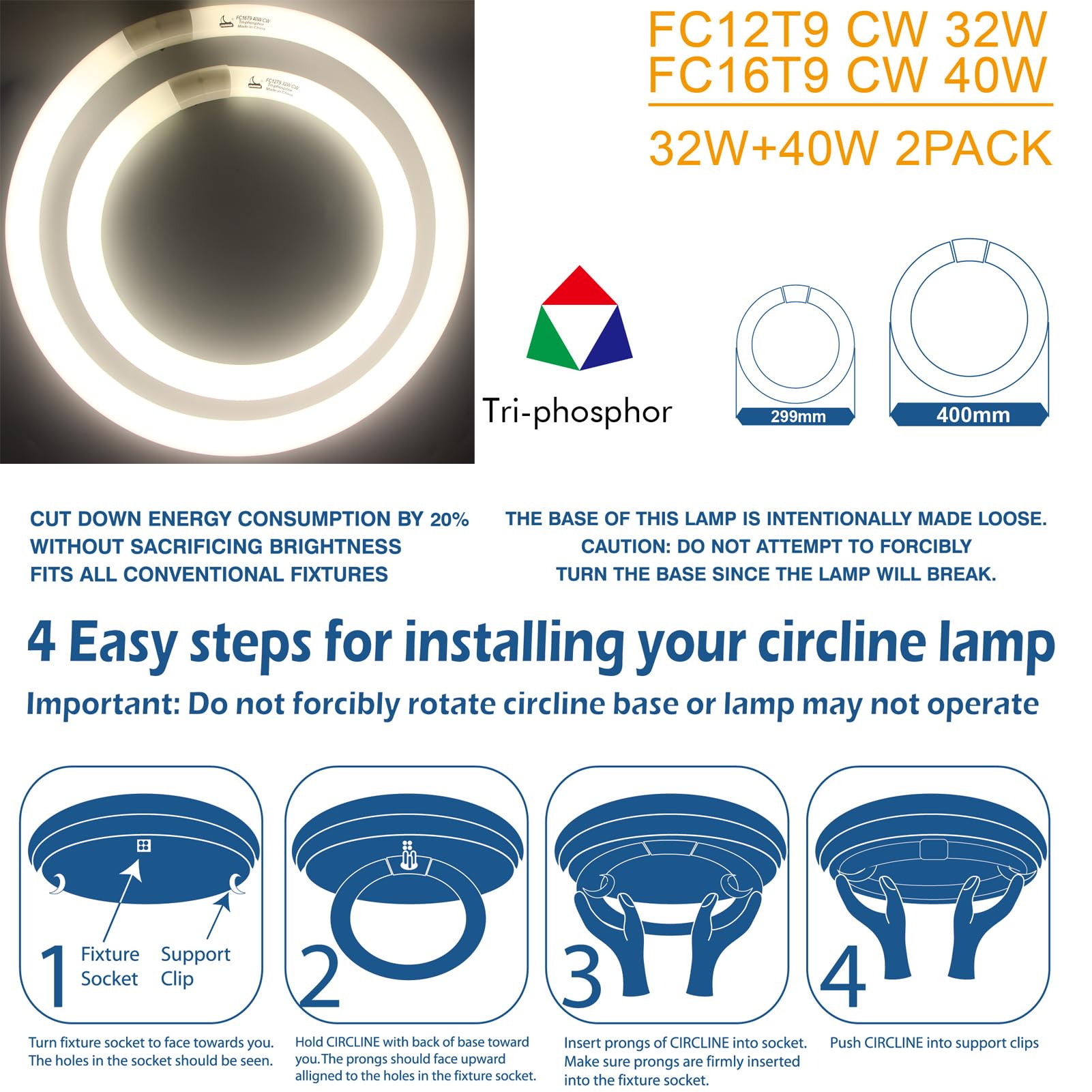 CHKADAWA Round Fluorescent Light Bulb Set - 32W 12" & 40W 16" Cool White, G10q 4 Pin Prong, Glass, 410
