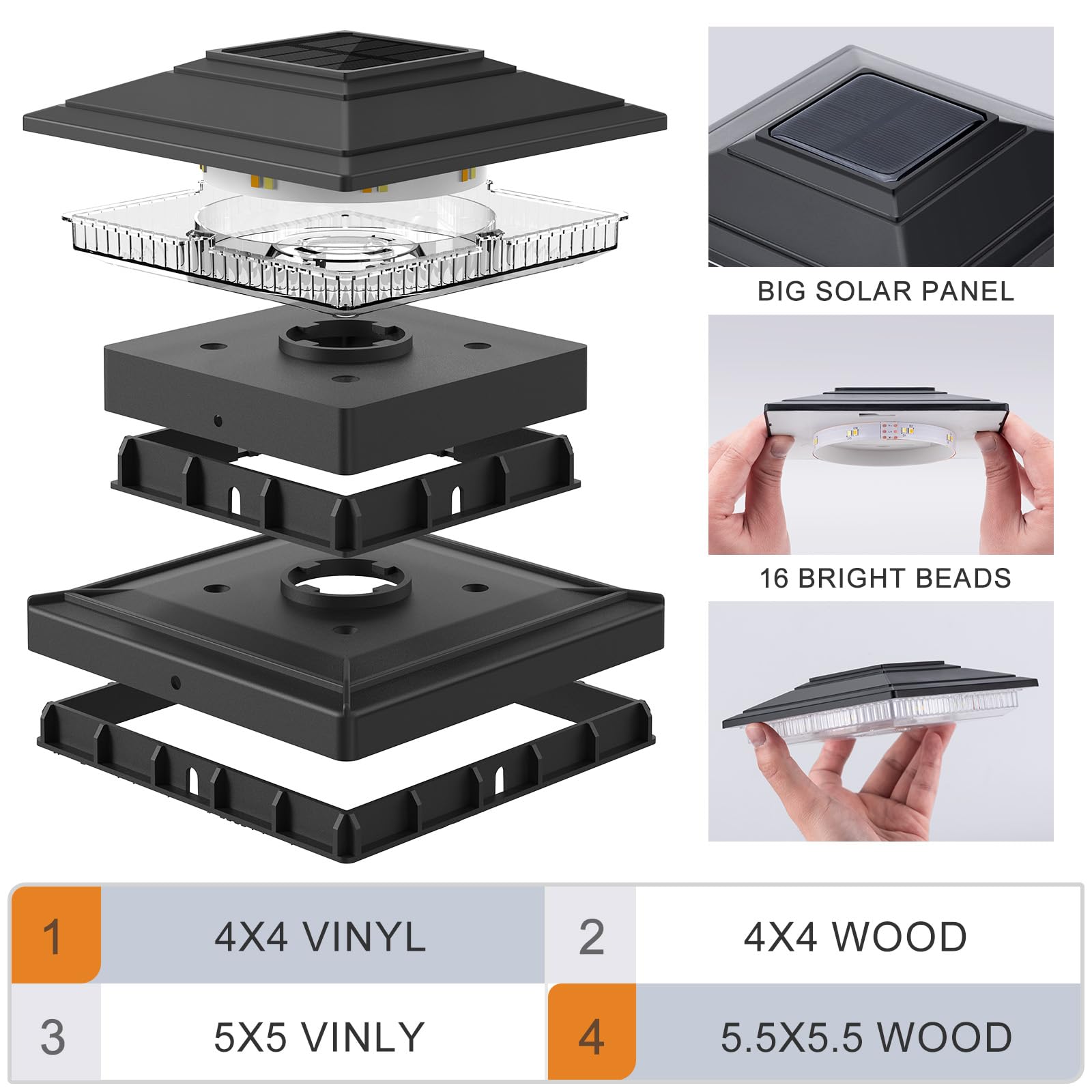 APONUO Solar Post Cap Lights 16-Pack - Black, IP64 Waterproof, 16 LED, 2-Mode, for 4x4/5x5/6x6 Posts,