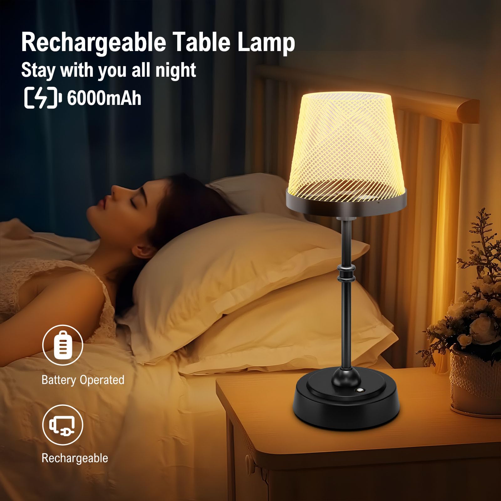 Cordless Table Lamp, Rechargeable LED Desk Lamp, 6000mAh Battery Operated Lamp, 3 Color Stepless Dimming, Portable Touch Lamp, B