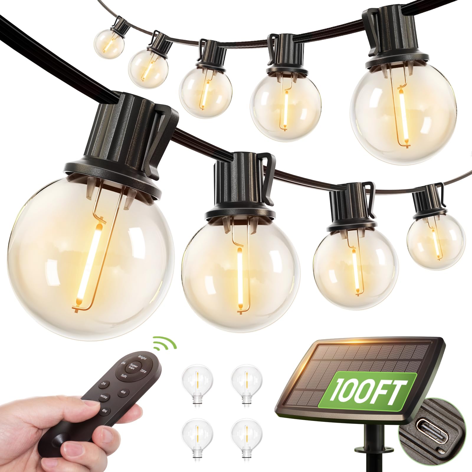 addlon 100FT Solar String Lights Outdoor with Remote, 54 LED Shatterproof Bulbs, Dimmable & Timable, 3 Light Modes, G40 Waterpro