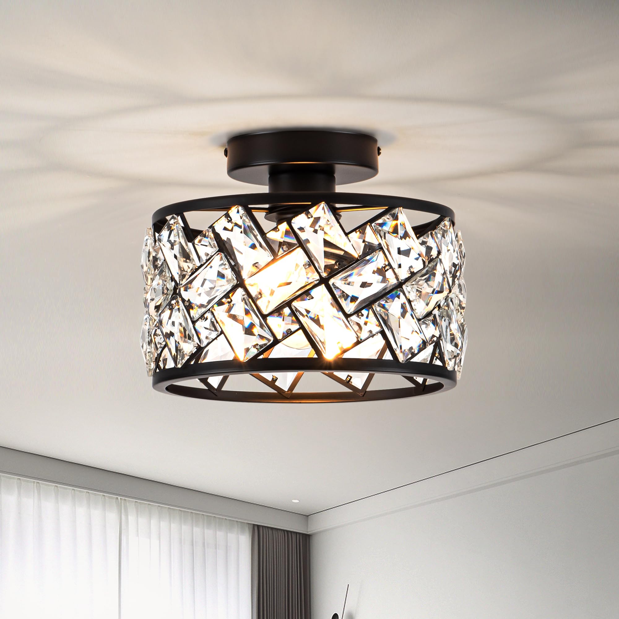 Rpzloila Crystal Ceiling Light Fixture, Modern Semi Flush Mount, Metal, Black Finish, Model 8101-1X-BK