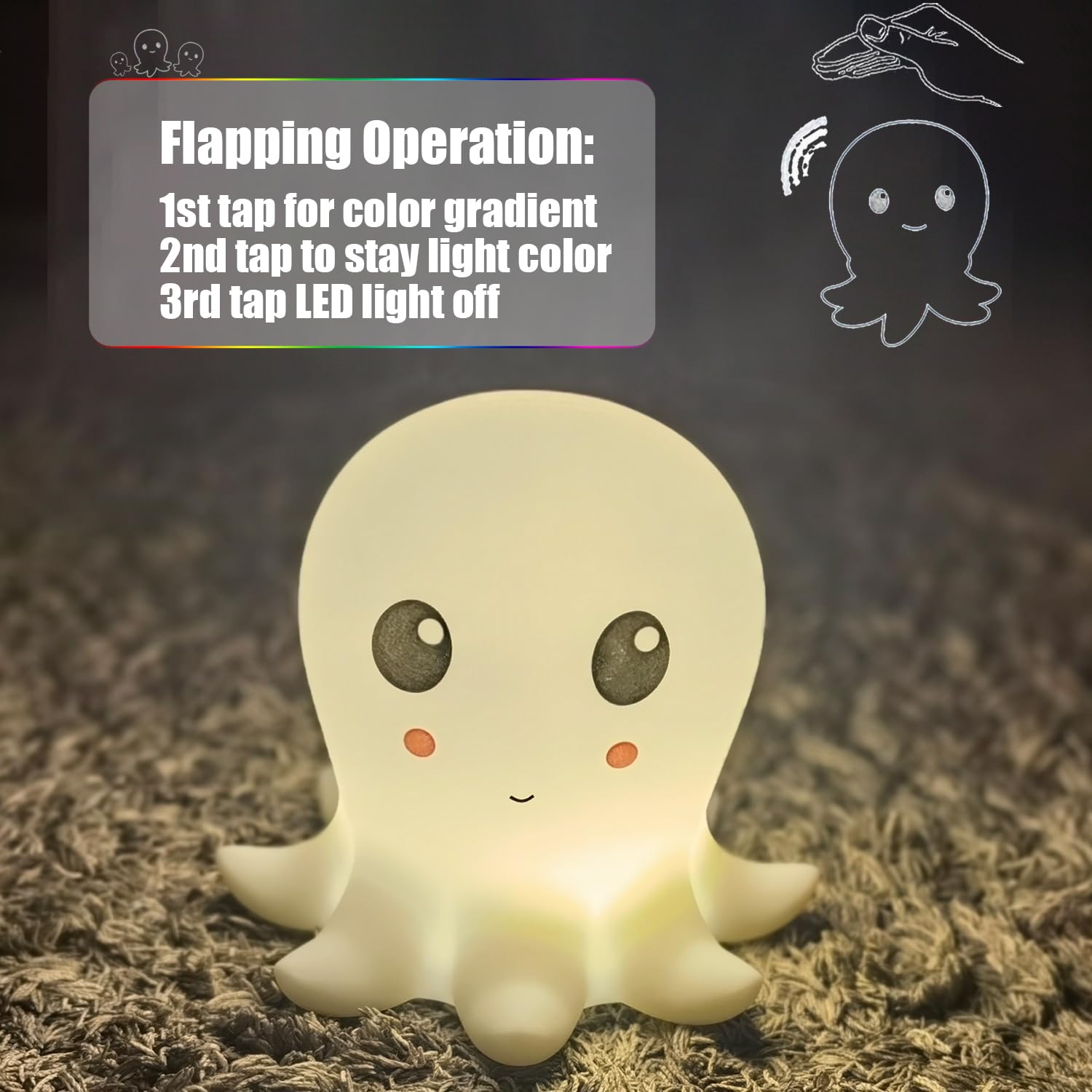 Cute Octopus Night Light - Soft Silicone Touch Lamp for Kids & Adults, 7-Color Changing Bedside Light, Safe USB-Rechargeable Nur
