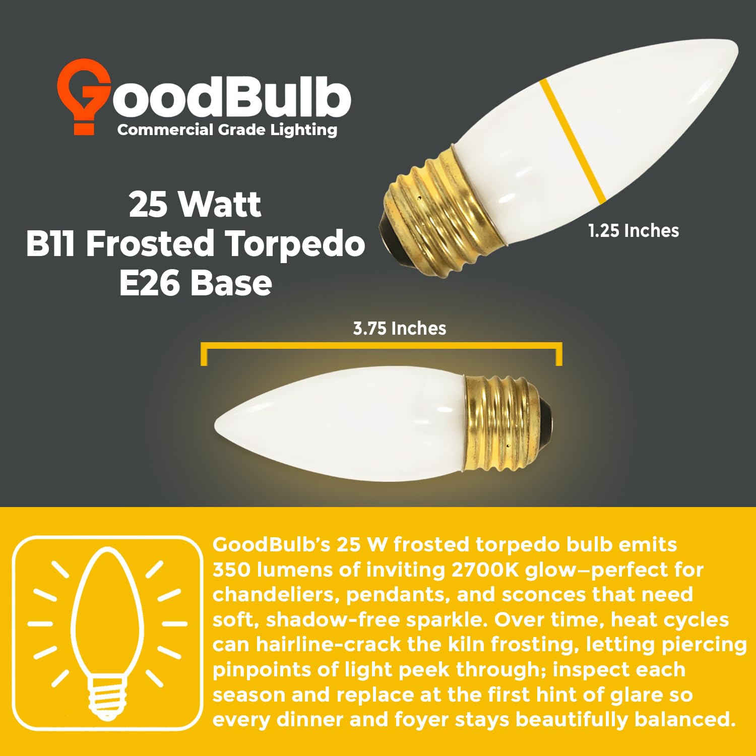 GoodBulb 25-Watt Incandescent Torpedo Light Bulbs, Dimmable, 175 Lumens, Pack of 12, Frosted Finish, Medium E26 Base, 2700