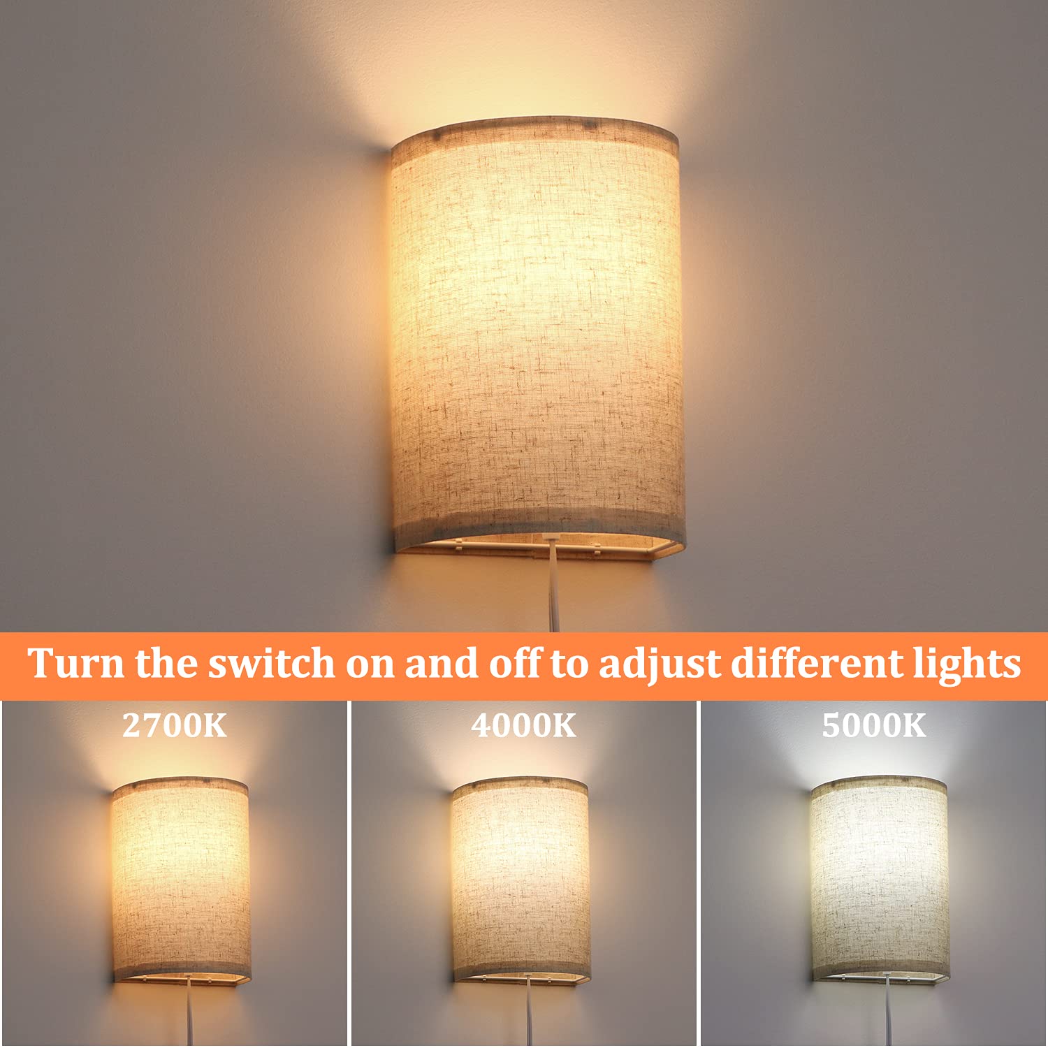 AVV Wall Sconces Set of Two, Fabric Linen Shades, 2700K/4000K/5000K Selectable, Round, Beige, Model WLM250-WLA-8