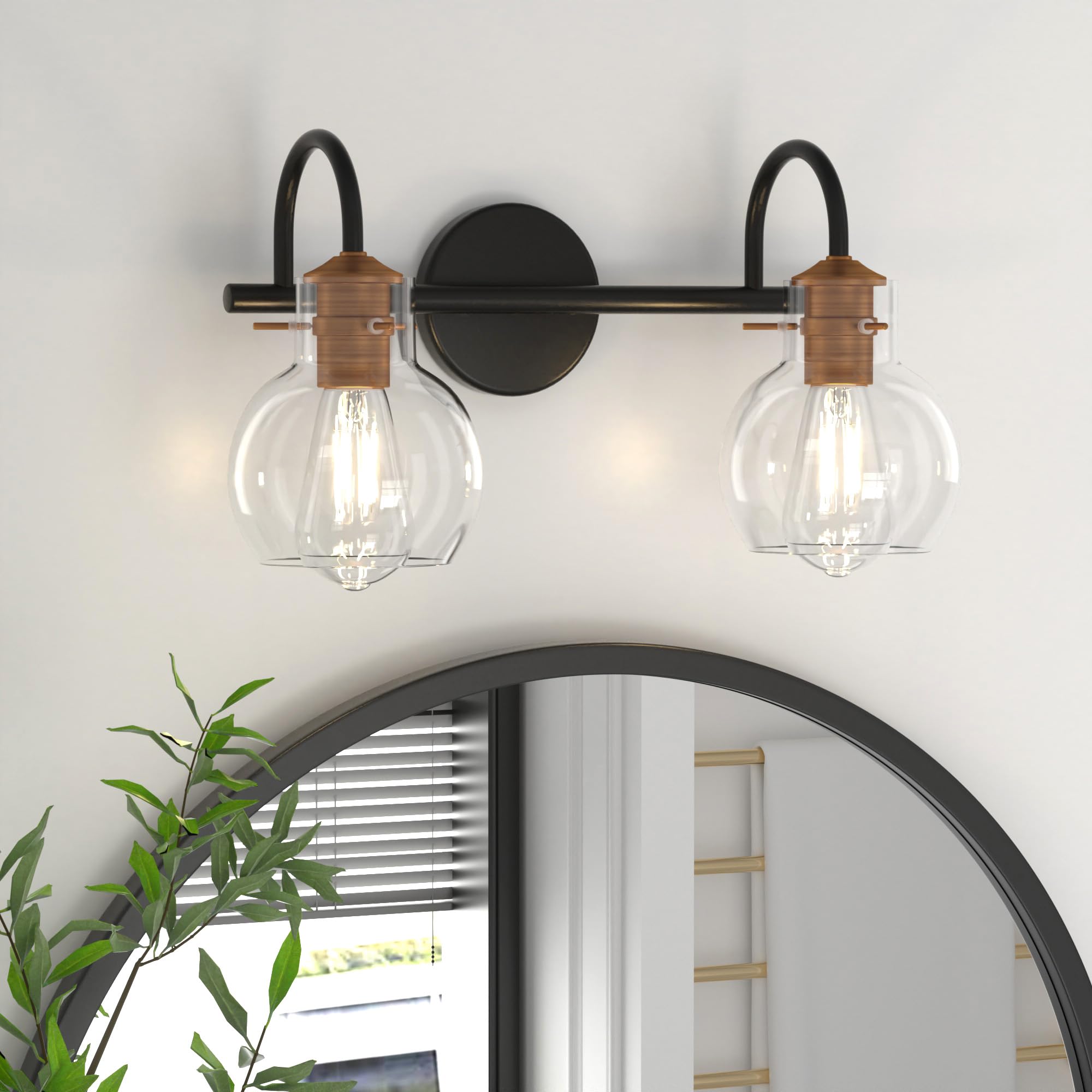 Primeplus 2 Light Bathroom Vanity Light, Black And Red Copper Bathroom Light Fixtures Over Mirror, Modern Copper Vanity Light With Clear Glass Shade, Black Wall Sconce For Bathroom, Bedroom