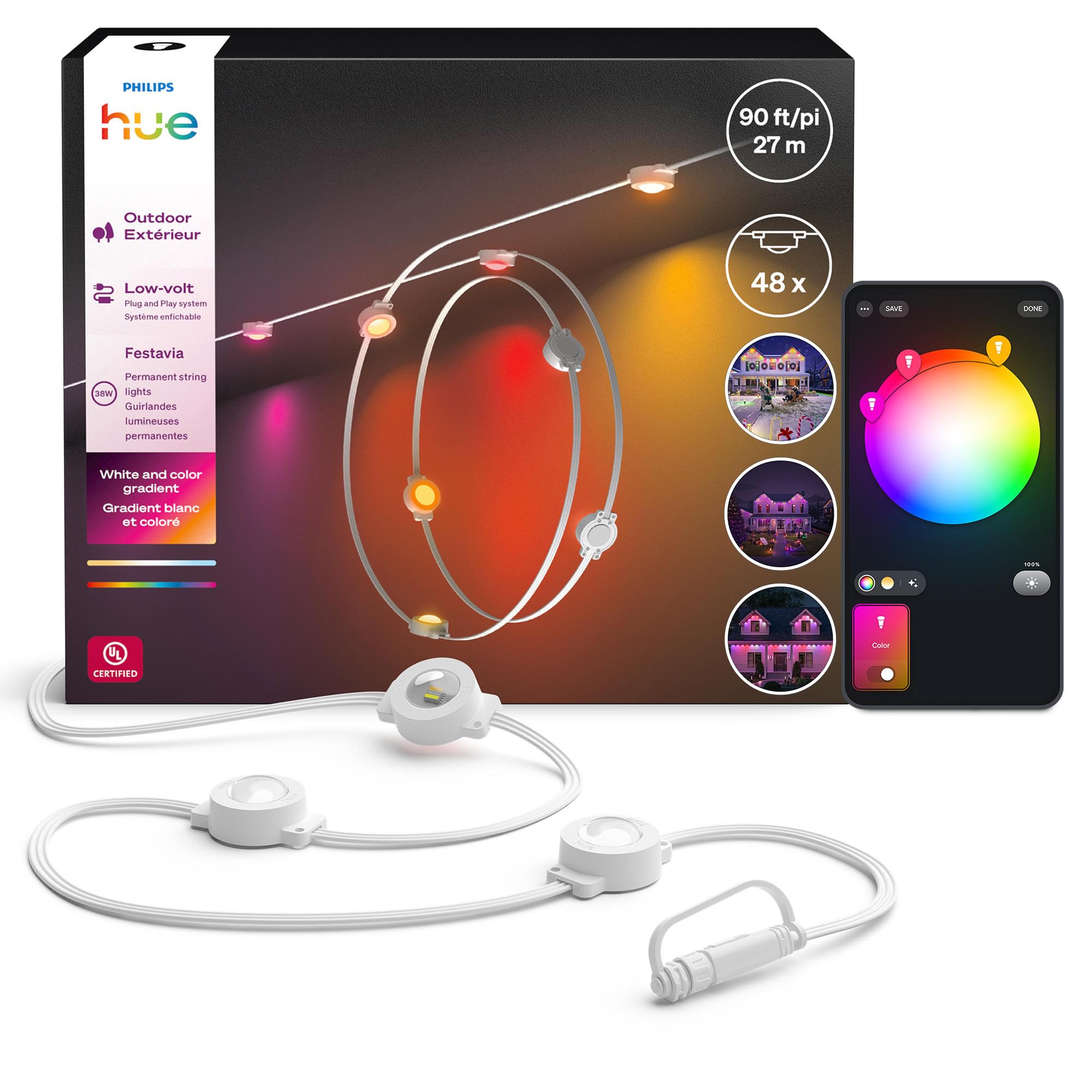 Philips Hue Festavia 90ft Permanent Outdoor String Lights  48 Dimmable Lights  55 Lumens Each  Weatherproof  Water-Resistant  White Wire  Color Ambience  Bridge Required