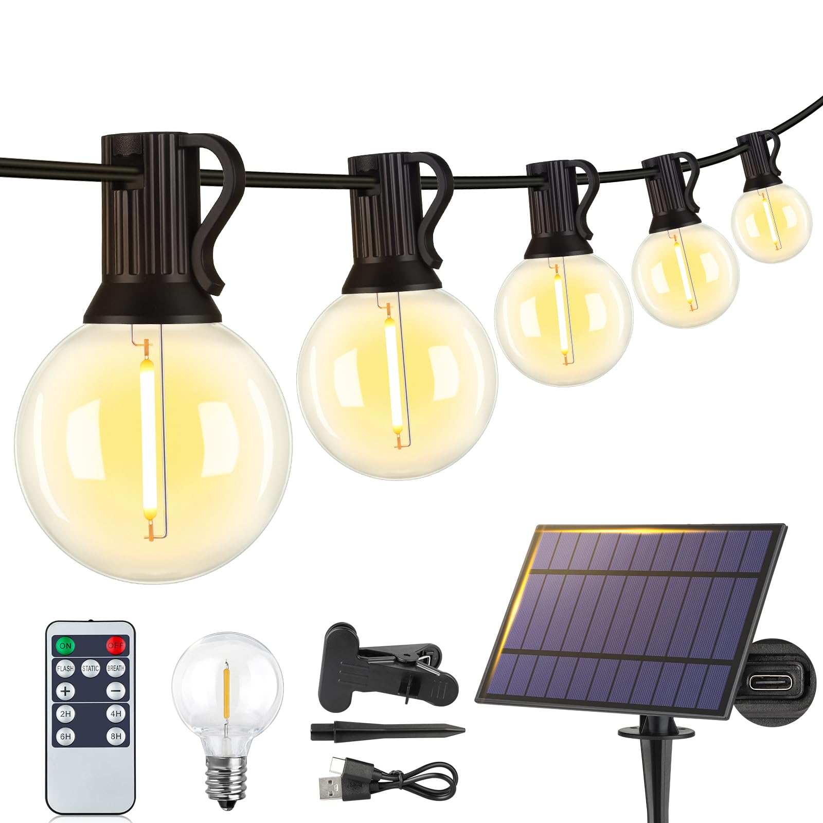 Larkvue 25FT Solar String Lights Outdoor with Remote, Waterproof Dimmable 3 Modes Patio Lights with 10+1 LED Shatterproof G40 Bu