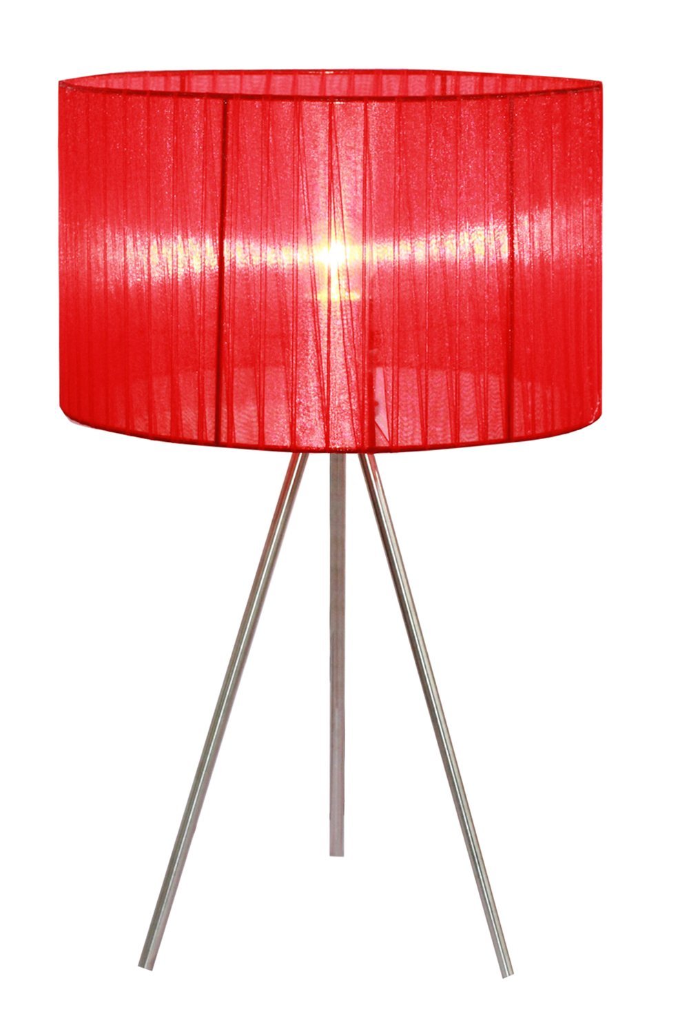 Simple Designs Lt2006-Red Brushed Nickel Tripod Table Lamp With Pleated Silk Sheer Shade, Red