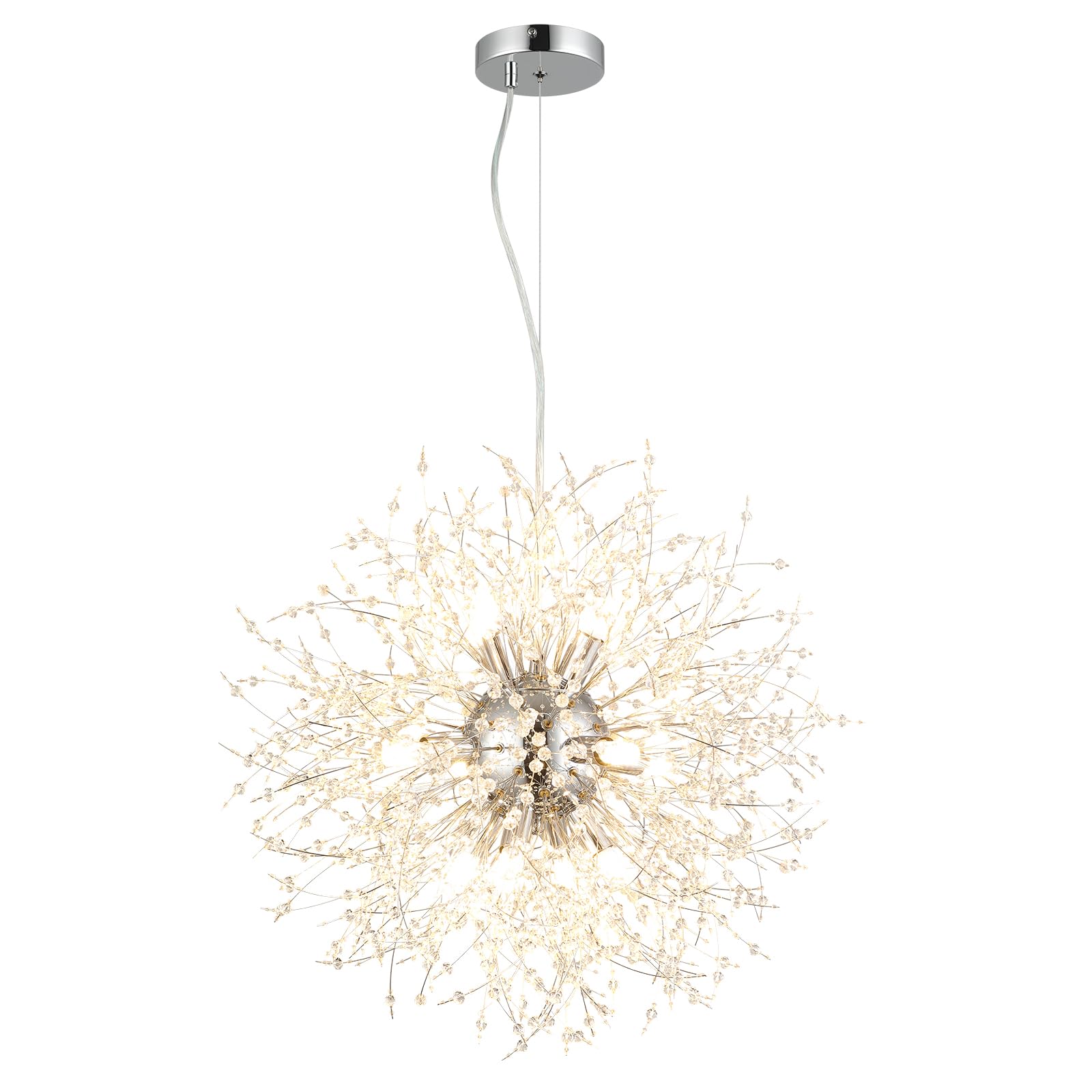 foucasal 12-Light Crystal Pendant Light Modern Dandelion Sputnik Chandelier Chrome Firework Ceiling Lighting Fixture for Dining 
