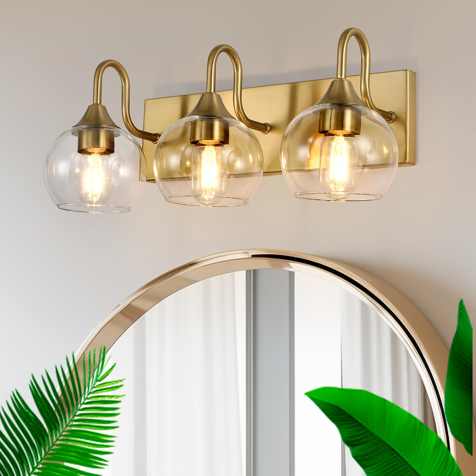 NOVCAND Gold Bathroom Light Fixtures, 3 Light Vanity Light with Clear Glass Shade,L 21 Bathroom Lighting Fixtures Over Mirror