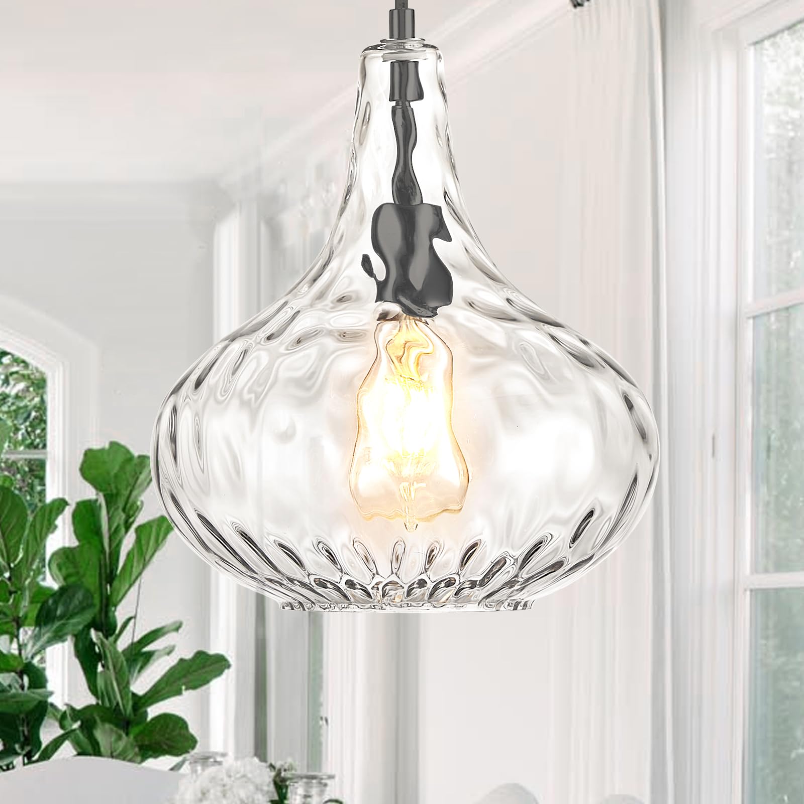 Glass Large Pendant Lights for Kitchen Island Blown Glass Pendant Light Clear Hammered Shade Hanging Ceiling Lights with Black F