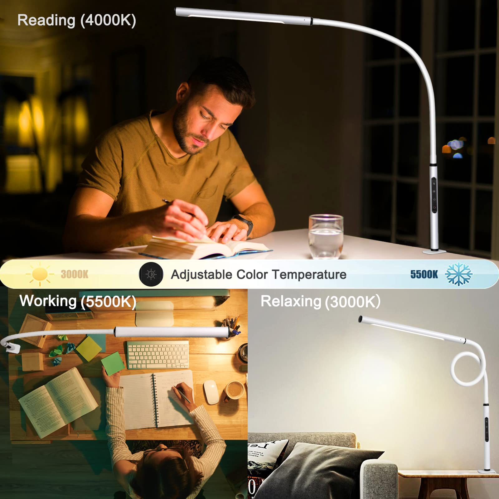 AmazLit Gooseneck Desk Lamp with Clamp, Adjustable Brightness & Colors, 12W, White, Eye-Caring Design for Home Office