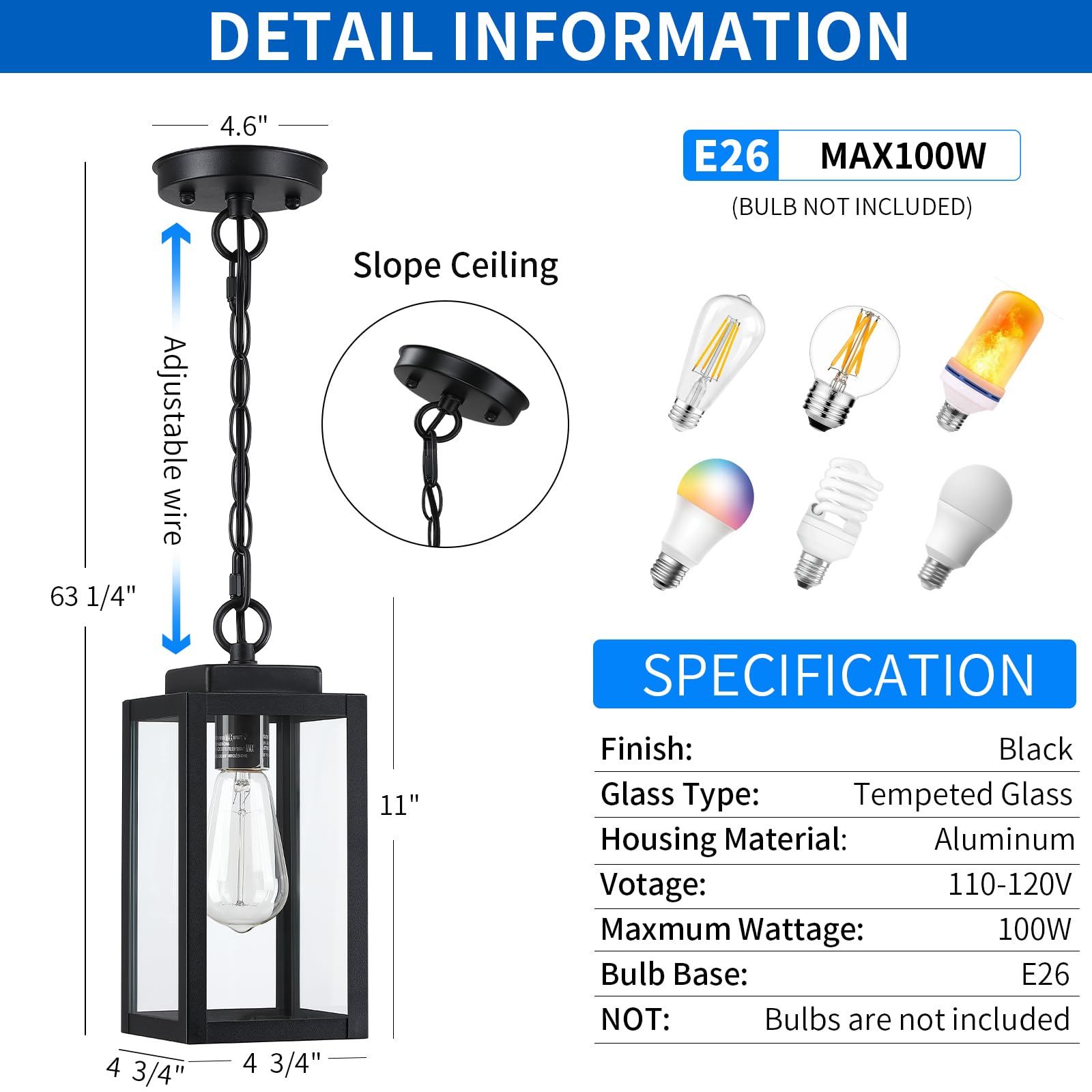 Myhxq 11 Outdoor Pendant Light  Modern Outside Chandelier Outdoor Hanging Lantern Light  Matte Black With Clear Glass  Exterior Pendant Lighting Fixture For Porch  Yard  Gazebo  1Pack