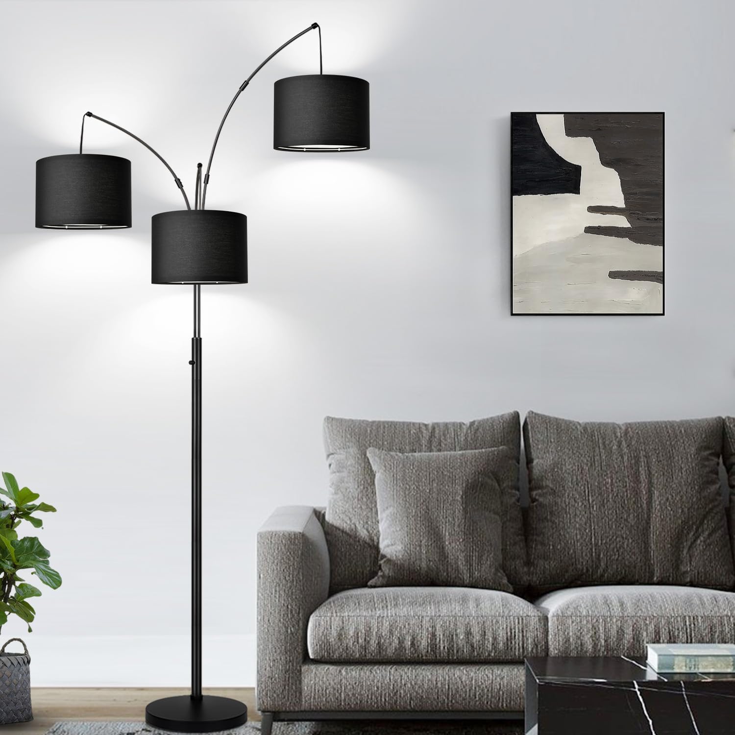 Dimmable Floor Lamp - 3 Lights Arc Floor Lamps For Living Room, 1000Lm Modern Tall Standing Lamp With Black Shades & Heavy Base,