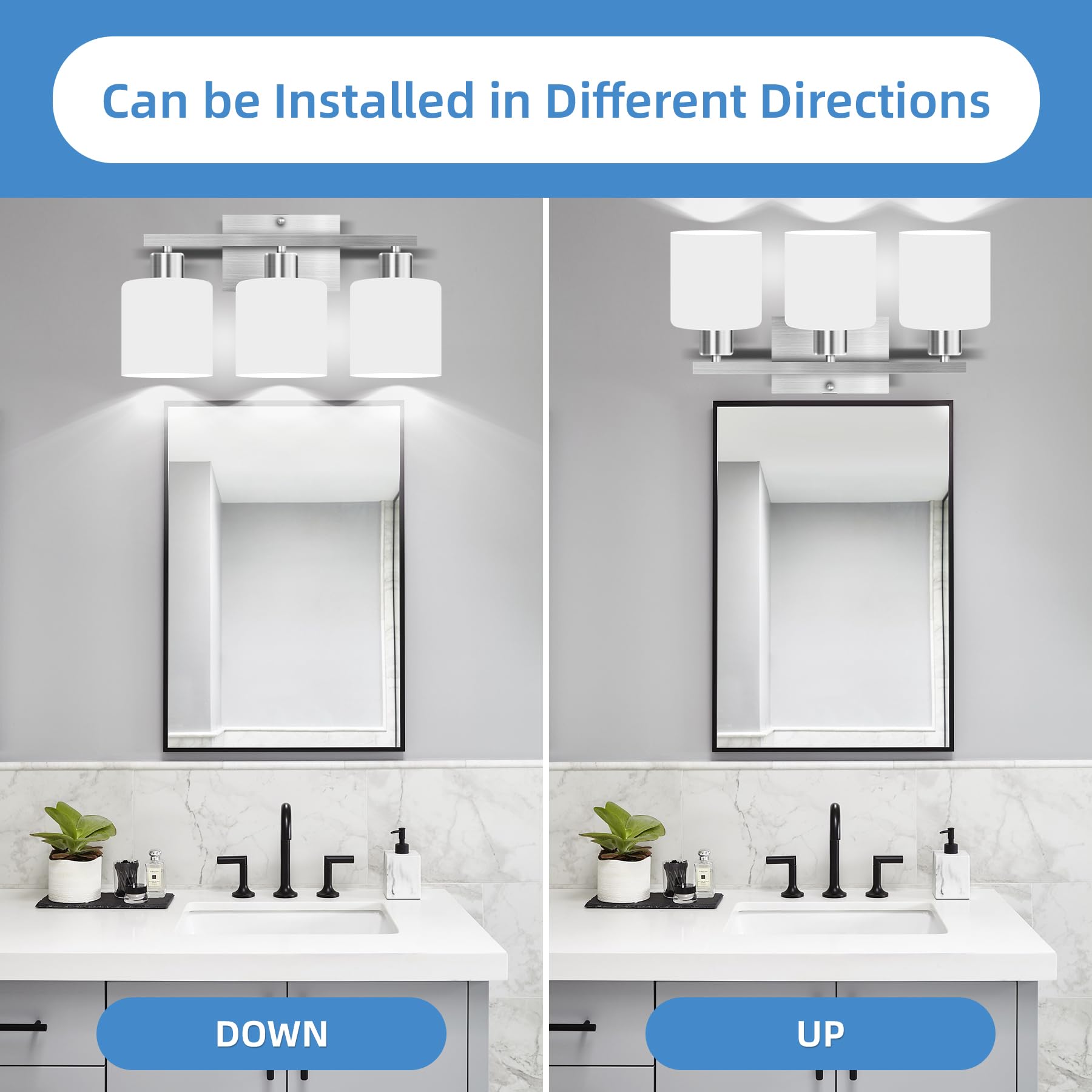 SILAMPDI Bathroom Light Fixtures, 3-Light Vanity Lights, Brushed Nickel, Milky White Glass Shades, Model SLD-JQD-S