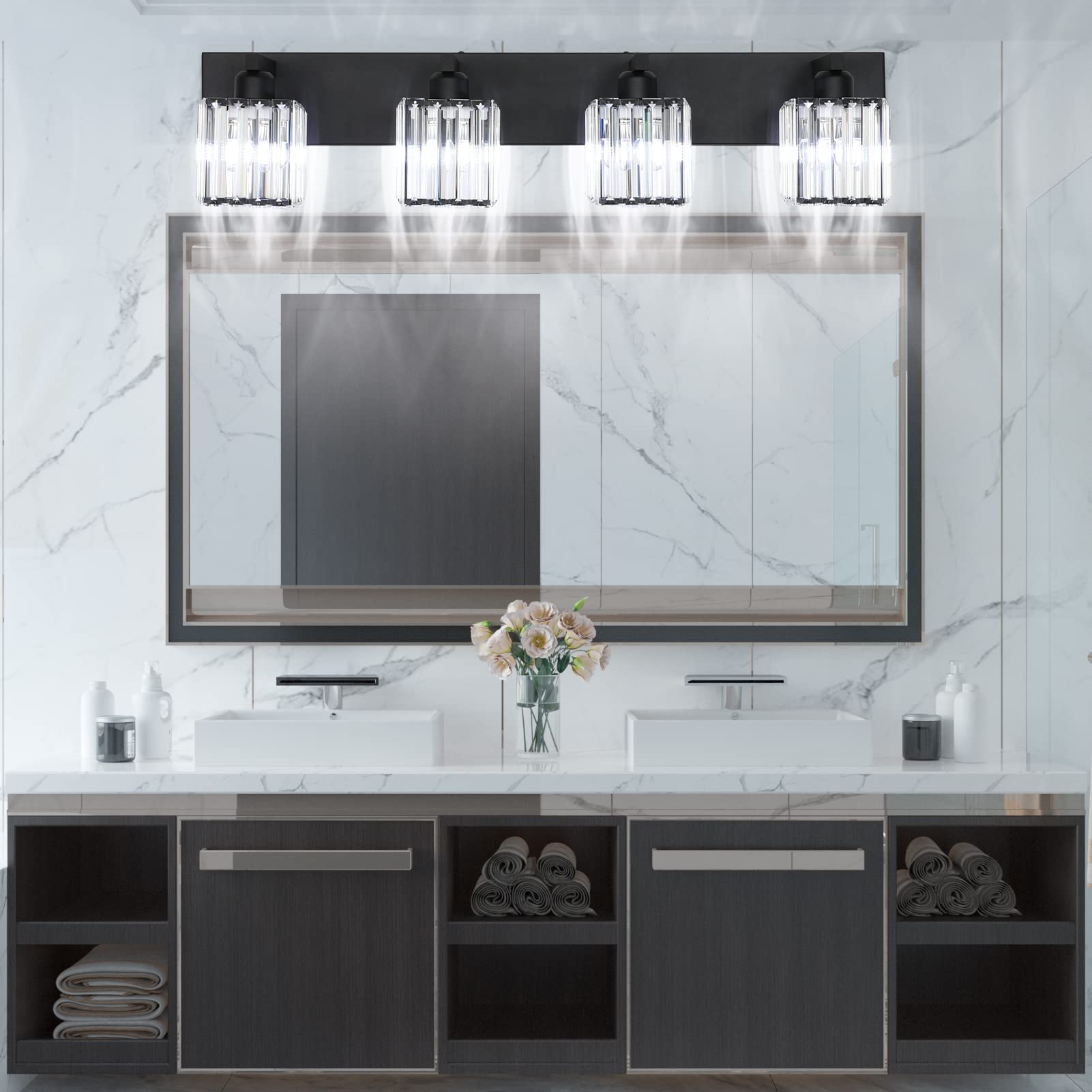 Aipsun Bathroom Vanity Light, 4-Light Modern Crystal Fixture, Black Aluminum, Model 8461