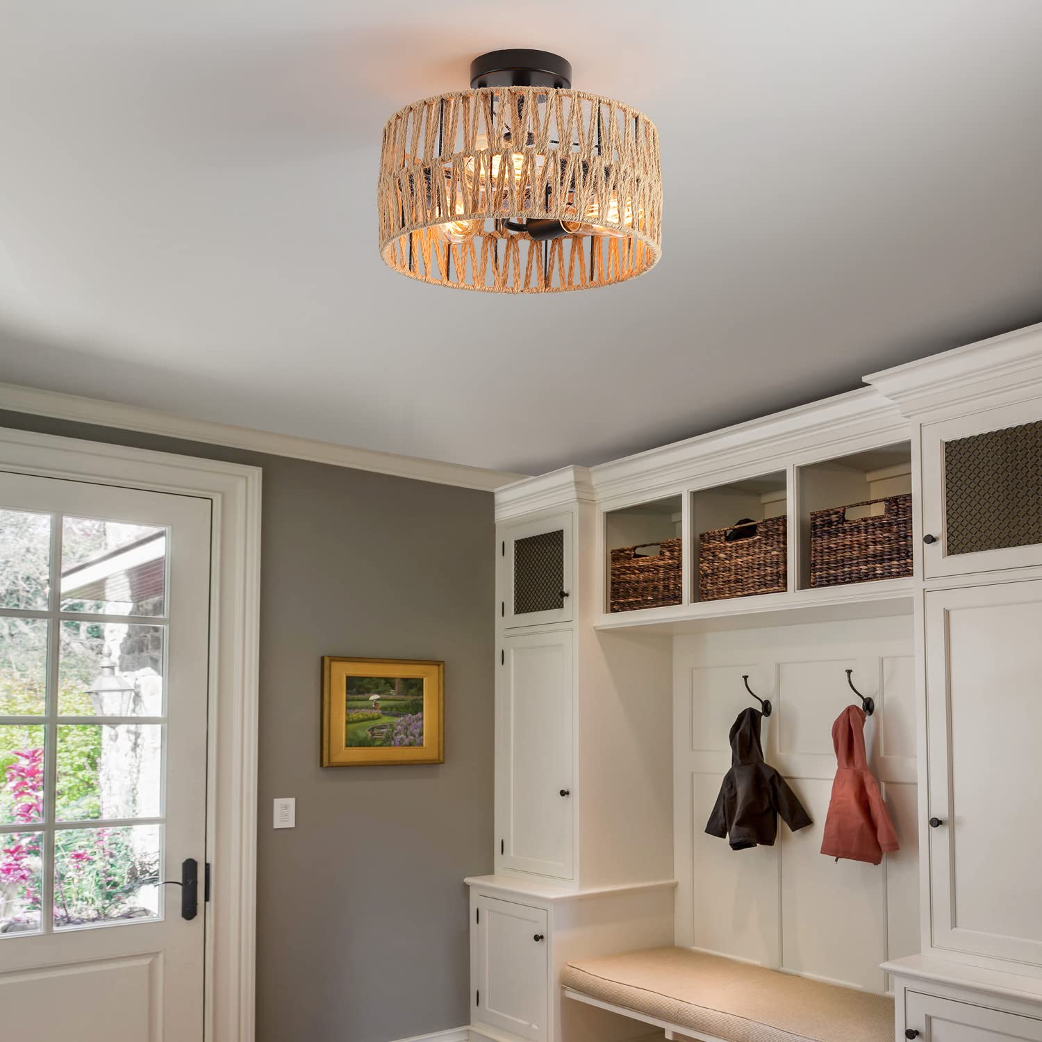 Hchunqjor 3-Light Coastal Woven Flush Mount Light Fixture Boho Rustic Hemp Rope Drum Semi Flush Mount Ceiling Light For Hallway