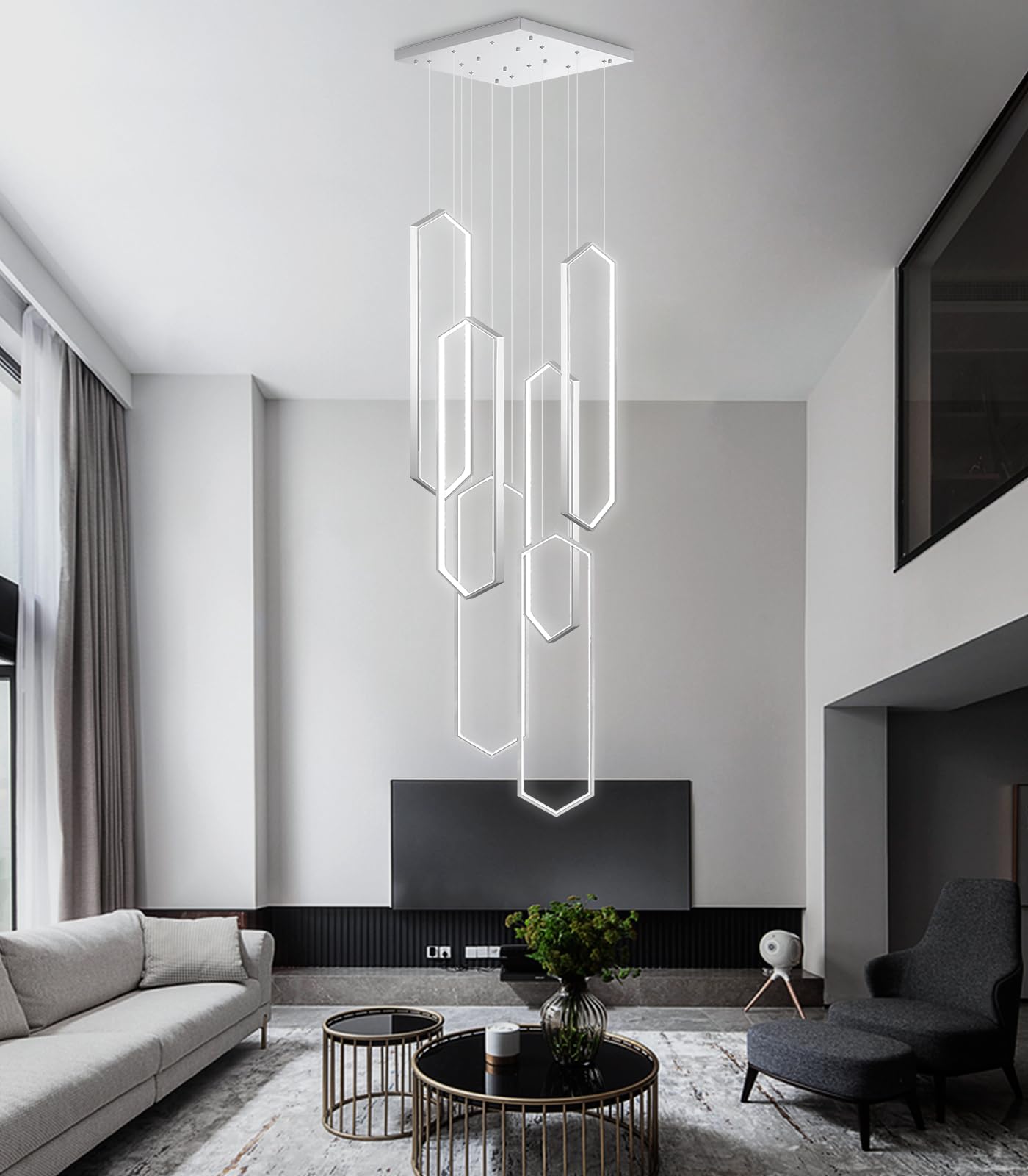 dolria 6 Rings Modern Chandelier LED Dimmable Pendant Light 26in x 9.4in x 118in Silver PC1015-6*65S