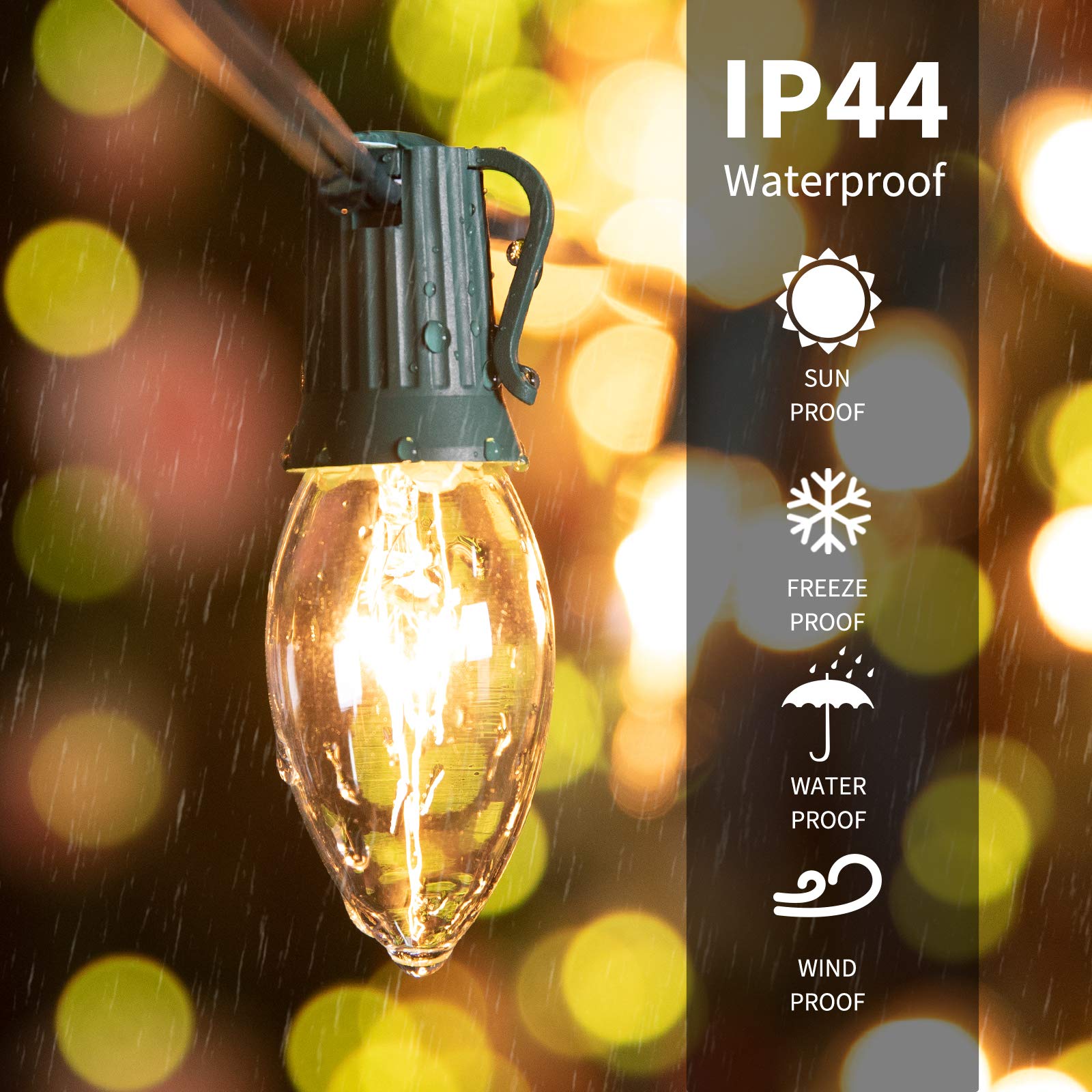 Minetom C9 Clear Christmas String Light Set, 100FT, Green Wire, Polycarbonate, Model GYC-O1007BU