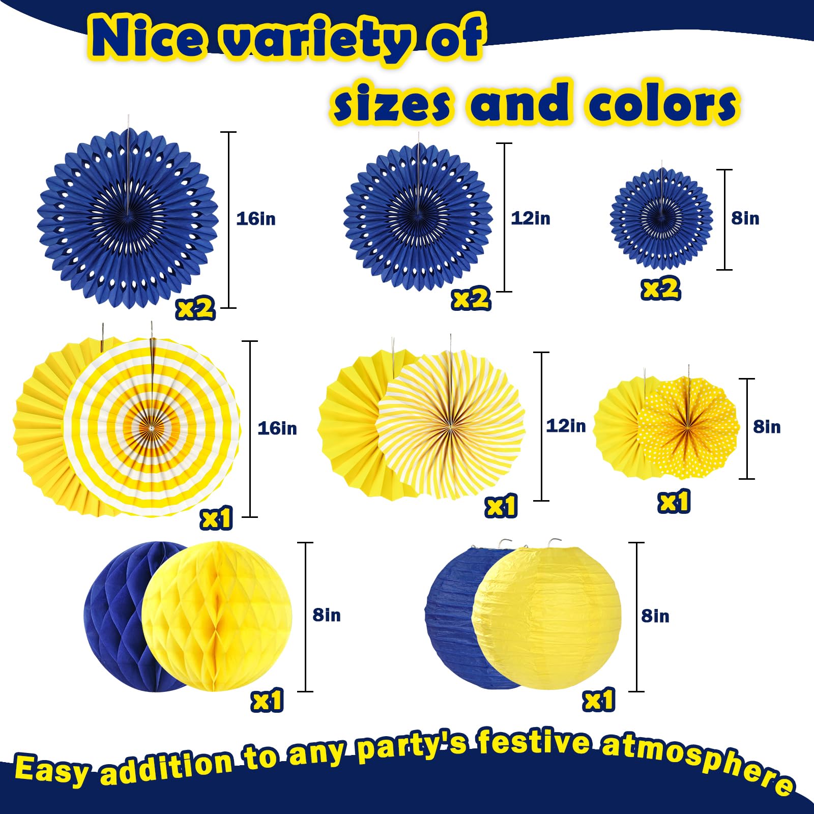 Peywot 16Pcs Hanging Honeycomb Paper Fans & Lanterns, Blue and Yellow, Graduation/Birthday/Wedding Decor