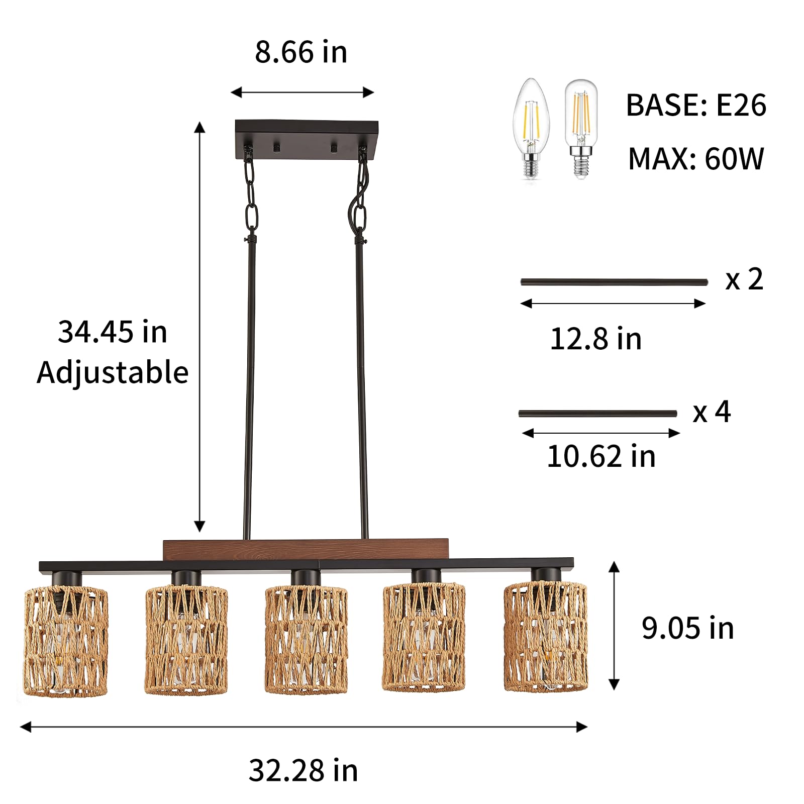 Feohak Boho Dining Room Light Fixture, 5-Light Rattan Chandelier, Farmhouse Woven Large Coastal Wicker Wood Bamboo Bohemian Rust
