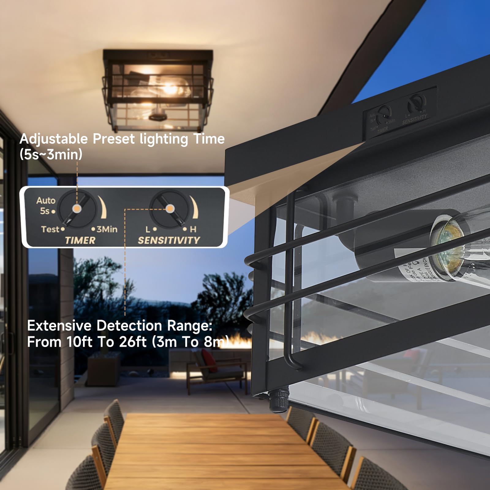 Yisuro Outdoor Ceiling Light With Motion Sensor Flush Mount Farm House Porch Light Ceiling Mount Adjustable 3 Modes Squares For