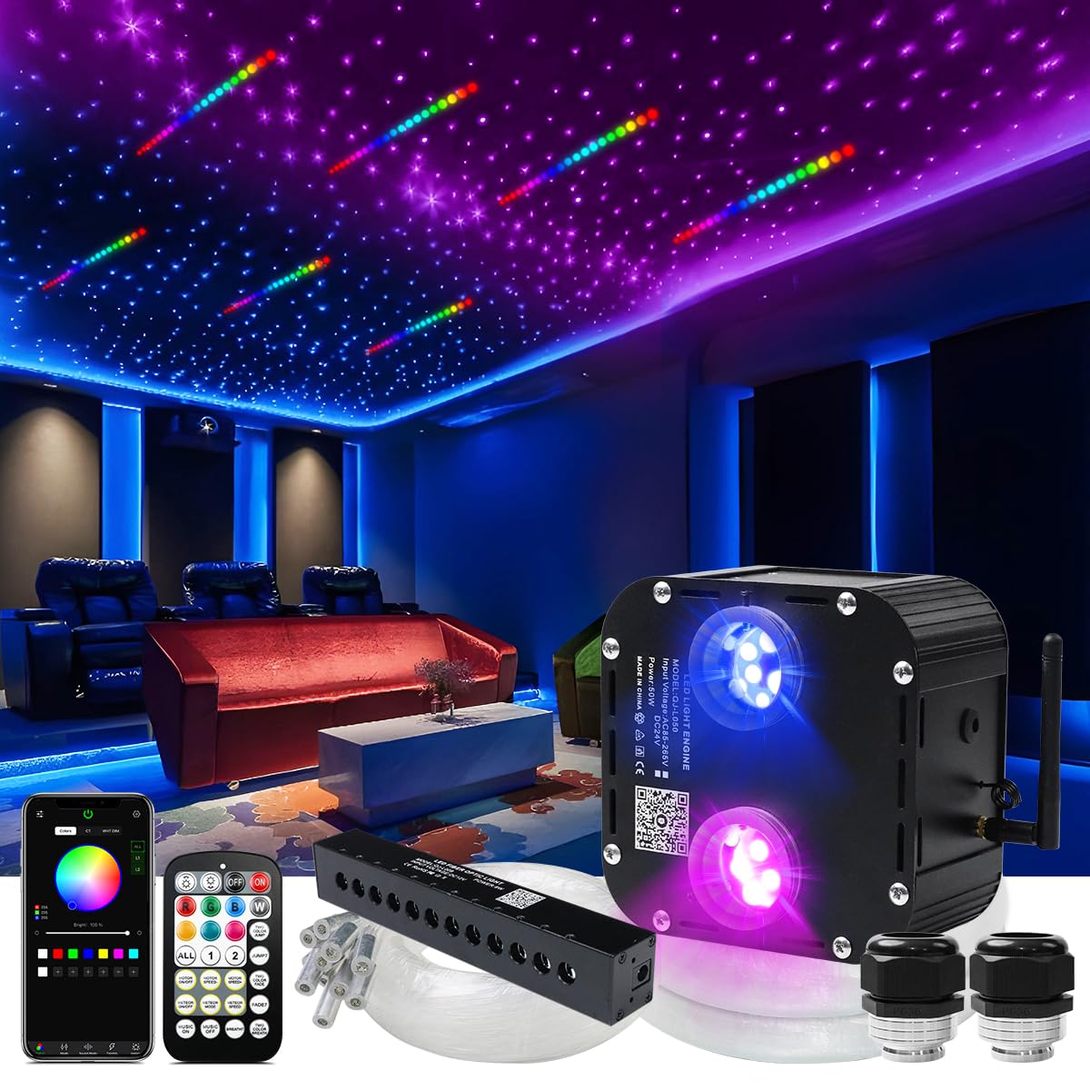 AZIMOM Dual Color Twinkle Fiber Optic Starlight Kit, 1800pcs 0.03in 16.4ft Strands, RGB, Sound Activated, Model QJ-L
