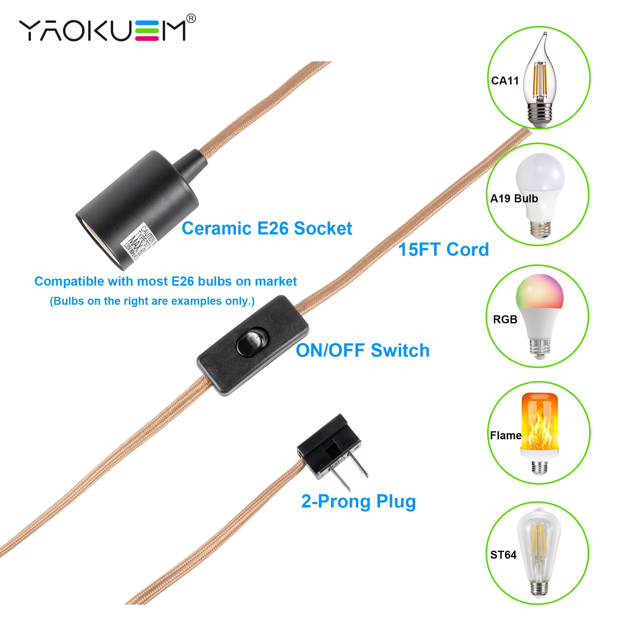 Yaokuem Pendant Lighting, Plug In Hanging Light Kits With On/Off Switch, 15 Feet Cord Kit, Bulb Not Included, Bronze, 1 Pack