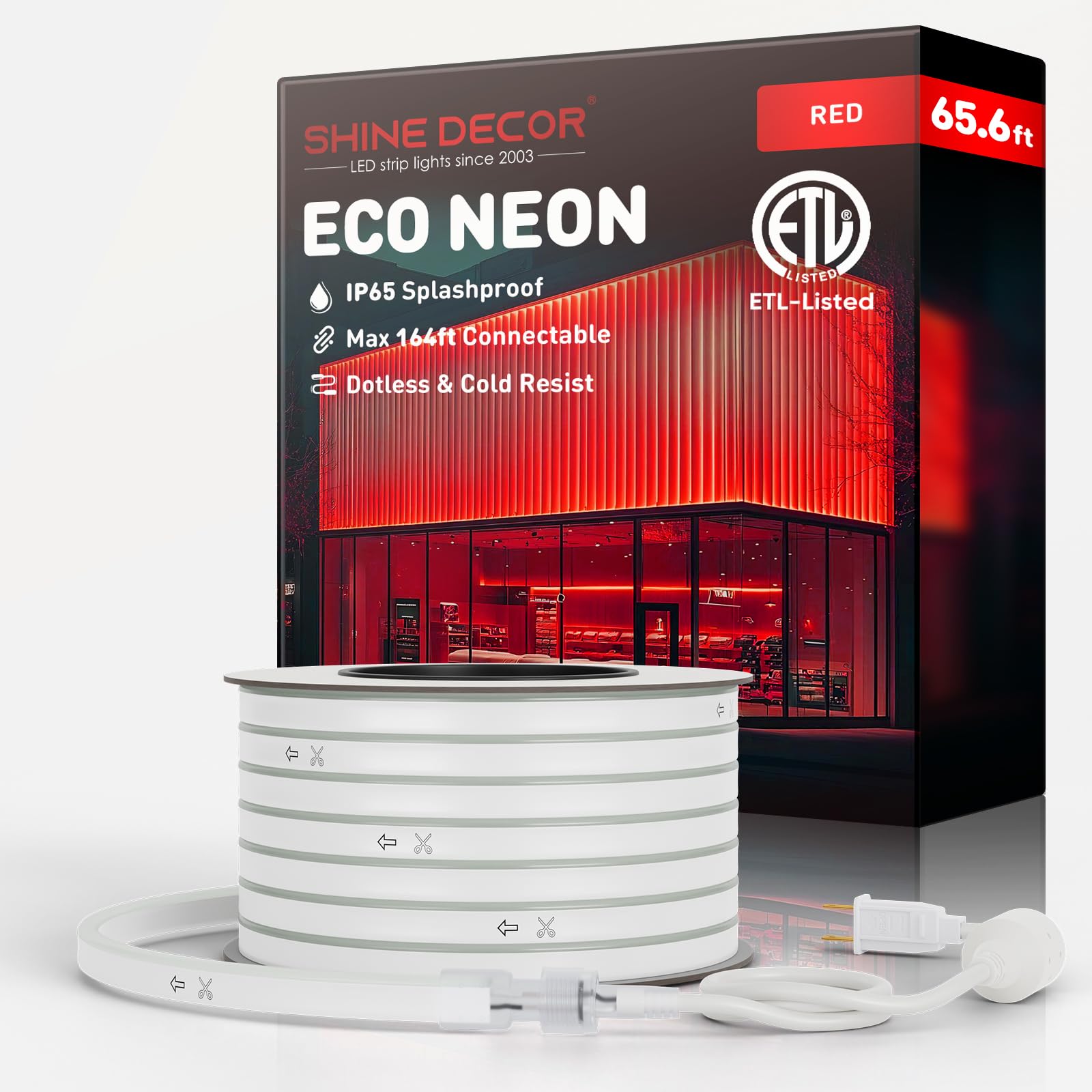 Shine Decor LED Rope Lights AC 120V  Connectable & Cuttable Dotless 120LEDs/M Eco Neon Band Lighting  ETL IP65 Waterproof & Weather-Resistant for Home Commercial  8x16mm  Red  65.6FT
