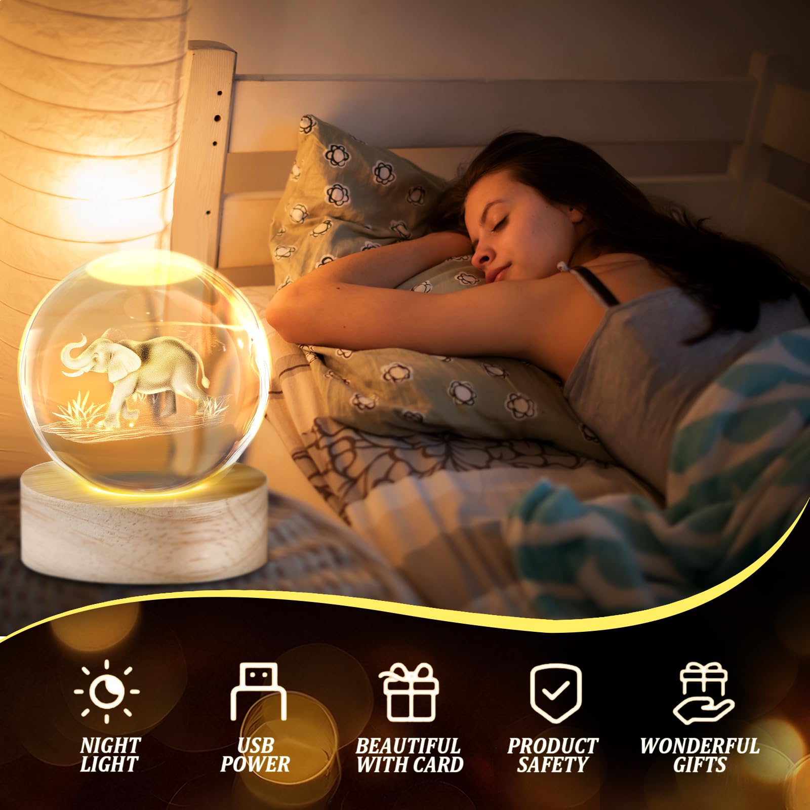 Jetec 2 Sets Thanksgiving Elephant Crystal Ball Night Lamp 3D Elephant Friendsgiving Gift  Light With Wood Base Friendship Card Best Friend Decor Gift For Long Distance Bff Women Christmas Birthday