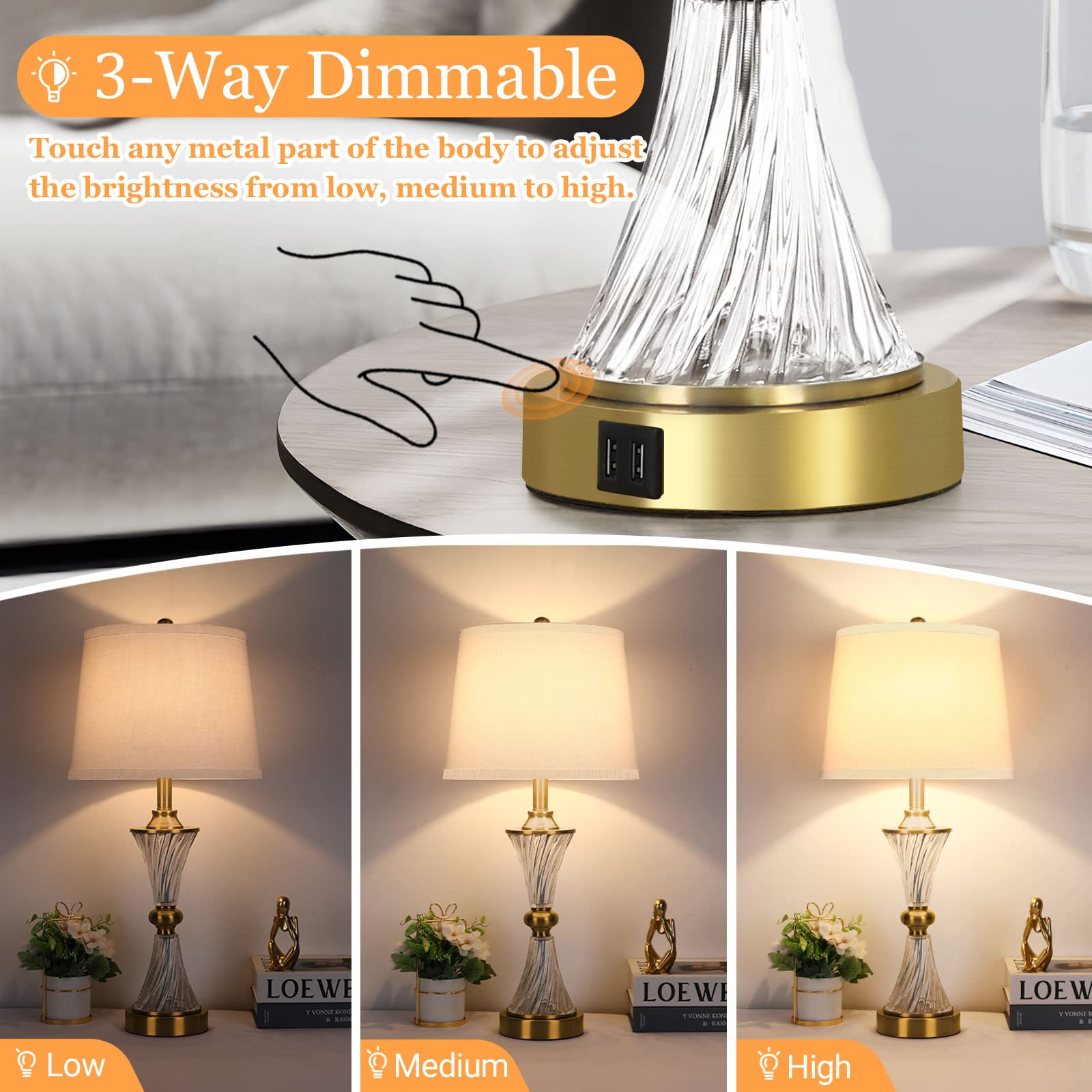 Verron Touch Control Dimmable Gold Crystal Table Lamps, Usb Ports, Set Of 2, White Shade