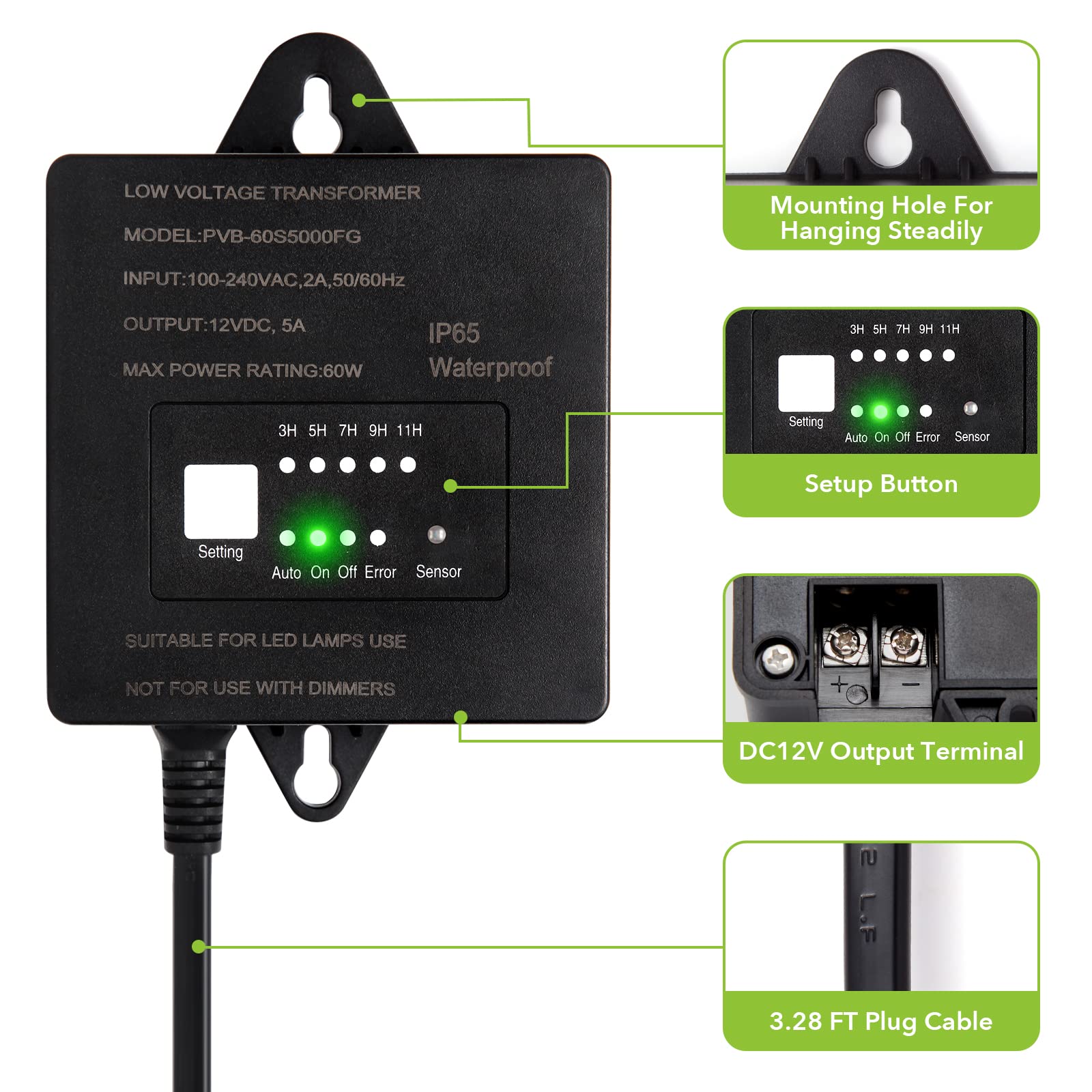 Paktonvo 60W Low Voltage Transformer with Timer & Photocell, 120V AC to 12V DC, Waterproof for LED Landscape Lights, Black