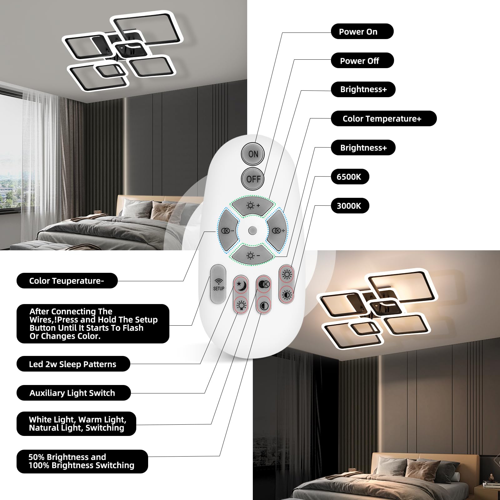 Modern Ceiling Light, 40.2'' Led Dimmable Acrylic Square 6+1 Rings Ceiling Lights With Remote, Black Flush Mount Ceiling Light F