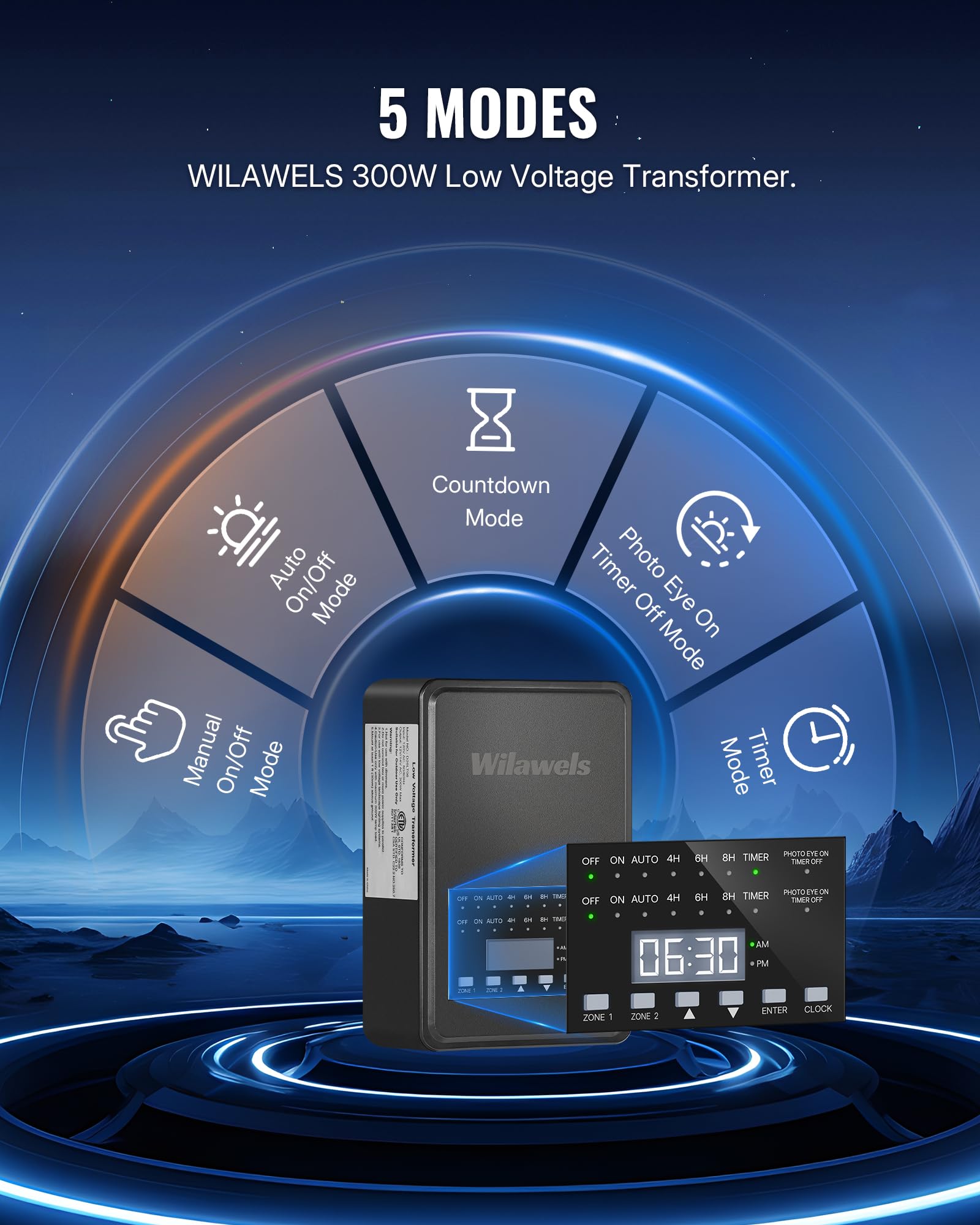 WILAWELS 300W Low Voltage Landscape Transformer, 2 Zone Control, 120VAC to 12/14V AC, Timer & Photocell Sensor, Black, Model D26LT
