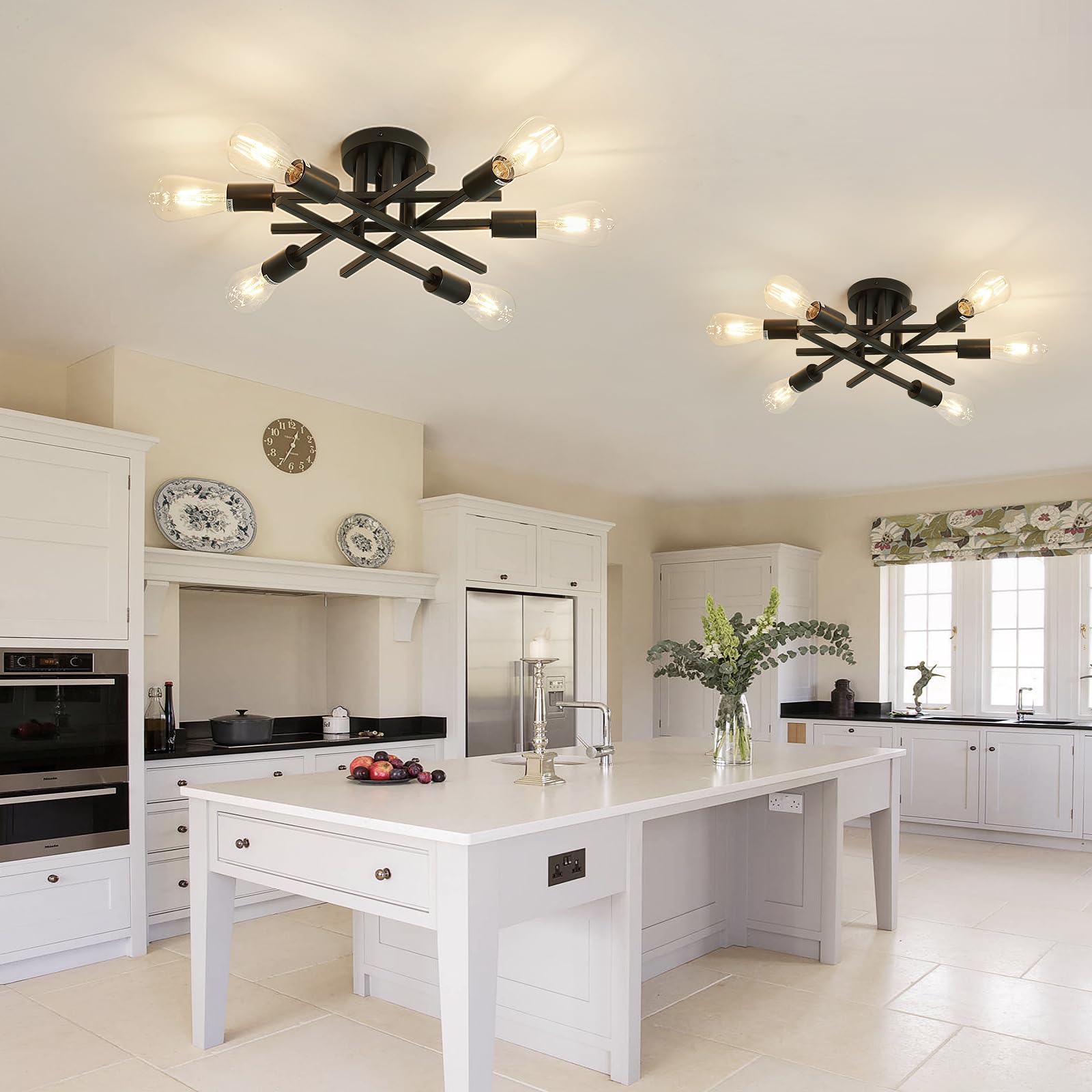 Asgyisa 6-Lights Semi Flush Mount Ceiling Light Fixture 2-Pack Black Vintage Matte Sputnik Chandelier Ceiling Lamp For Farmhouse