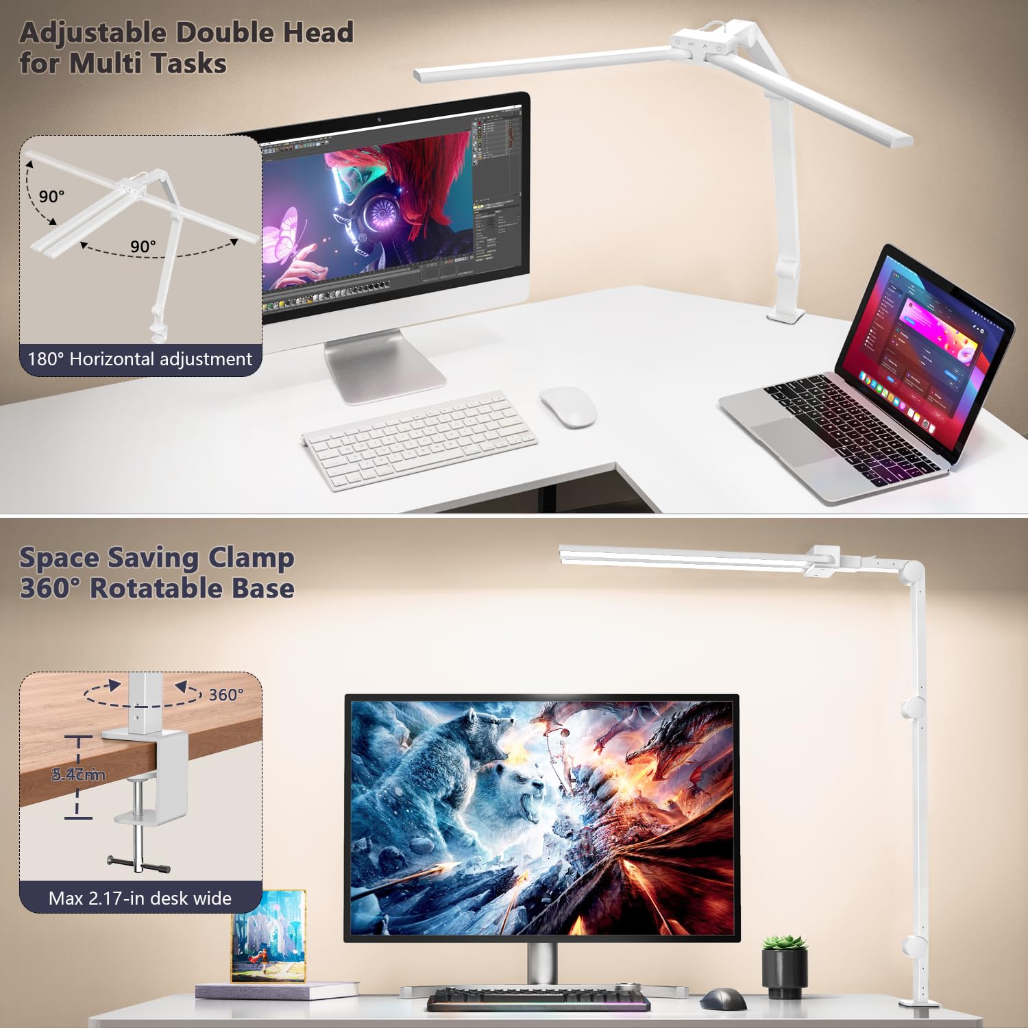 Kablerika Desk Lamp,Double Head Desk Lamp With Clamp,24W Led Desk Lights For Home Office Ultra Bright Architect Table Lamp 4 Bri