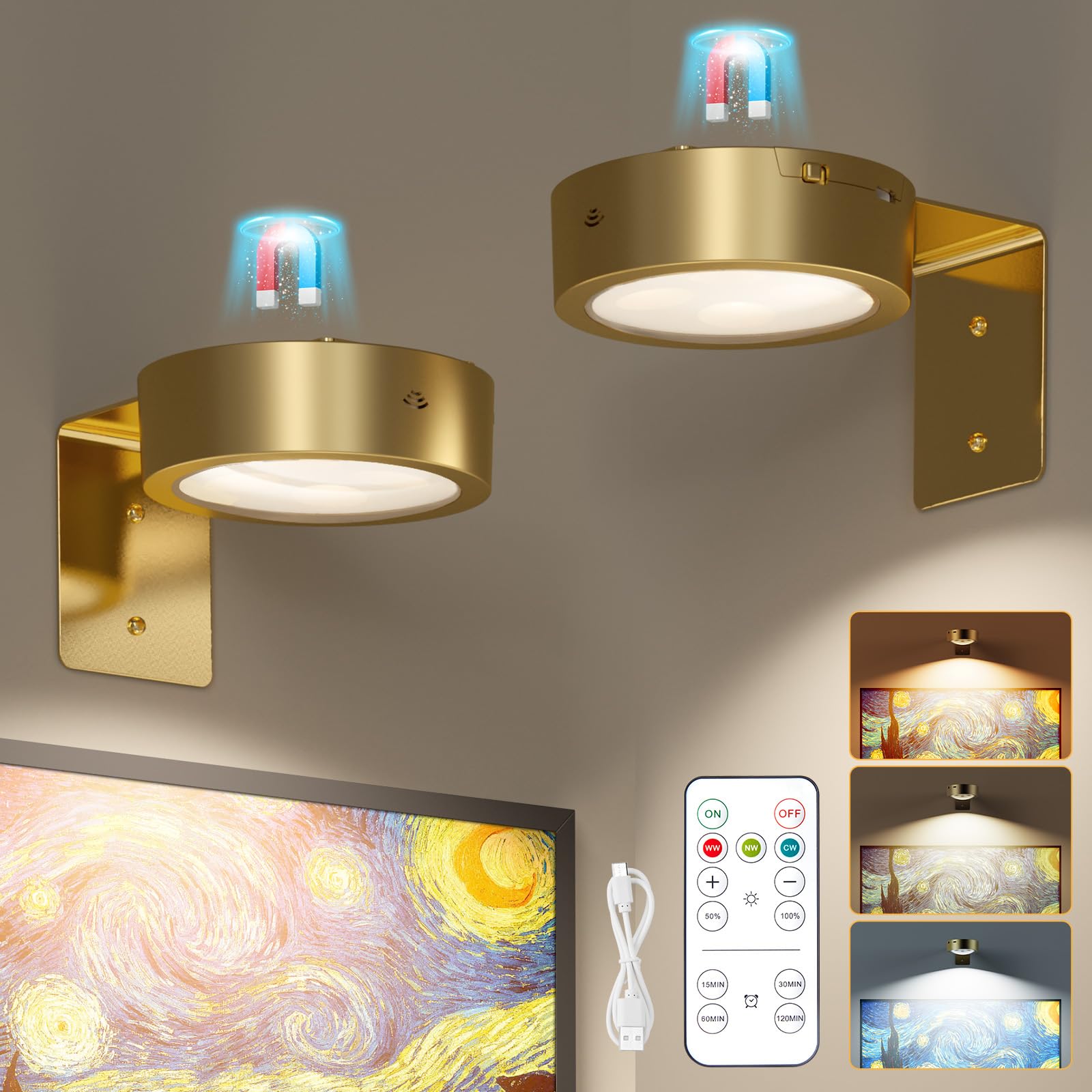 Brightown Picture Lights 2-Pack, Rechargeable, Dimmable, Timer, Gold, Model GOLD-2PCS, Magnetic Art Display, Wireless