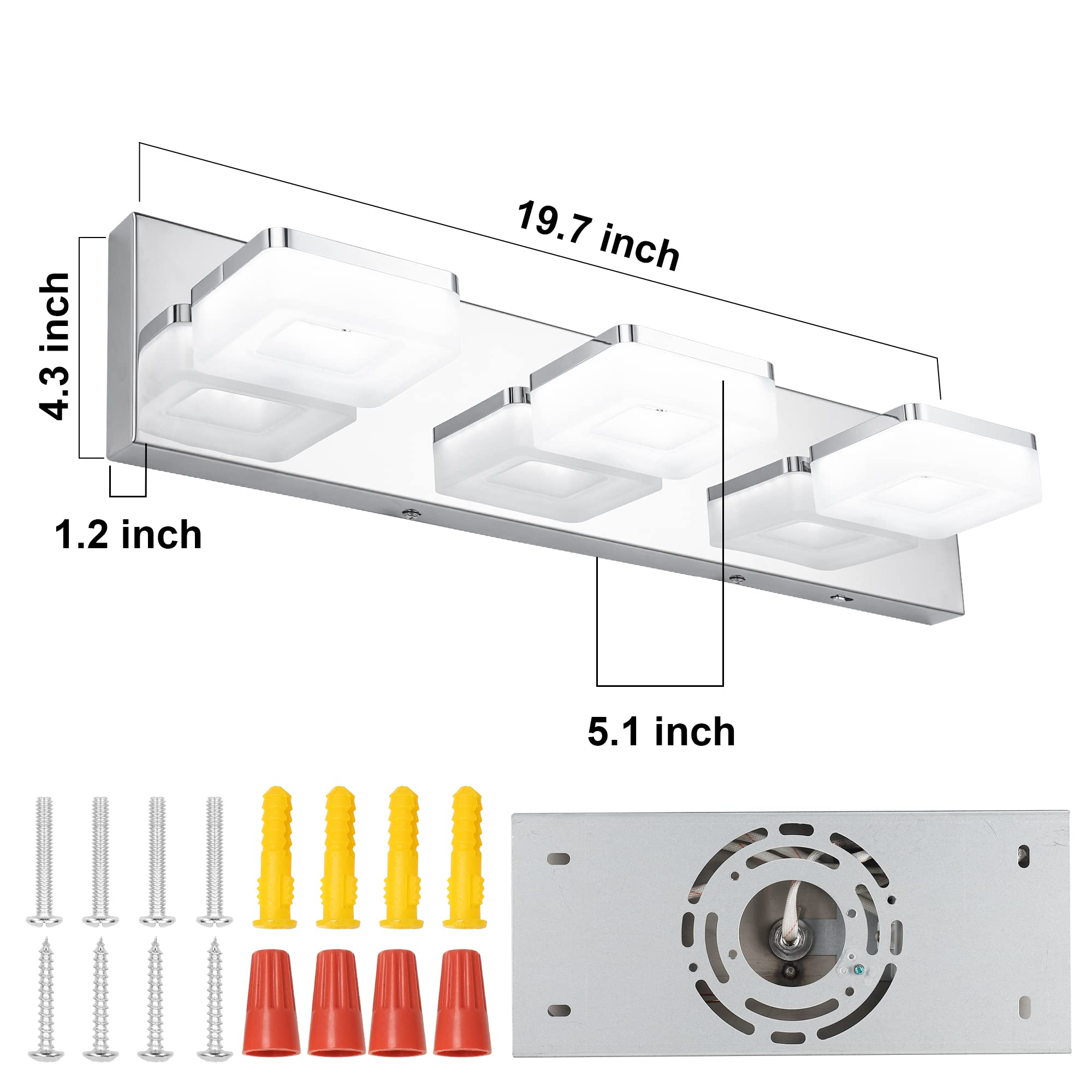 Goodate Chrome Led Bathroom Vanity Lights - Dimmable 3-Light Fixtures, Adjustable 3000K/4000K/6000