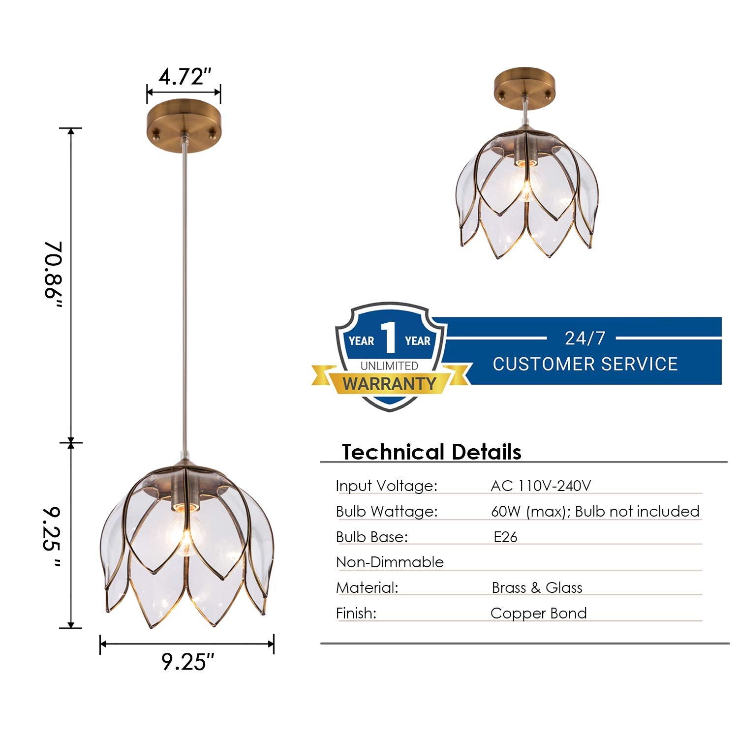 Clear Glass Pendant Lighting, Vintage Oriental Lotus Brass Ceiling Pendant Light Fixture, Modern Flower Hanging Lamp For Kitchen