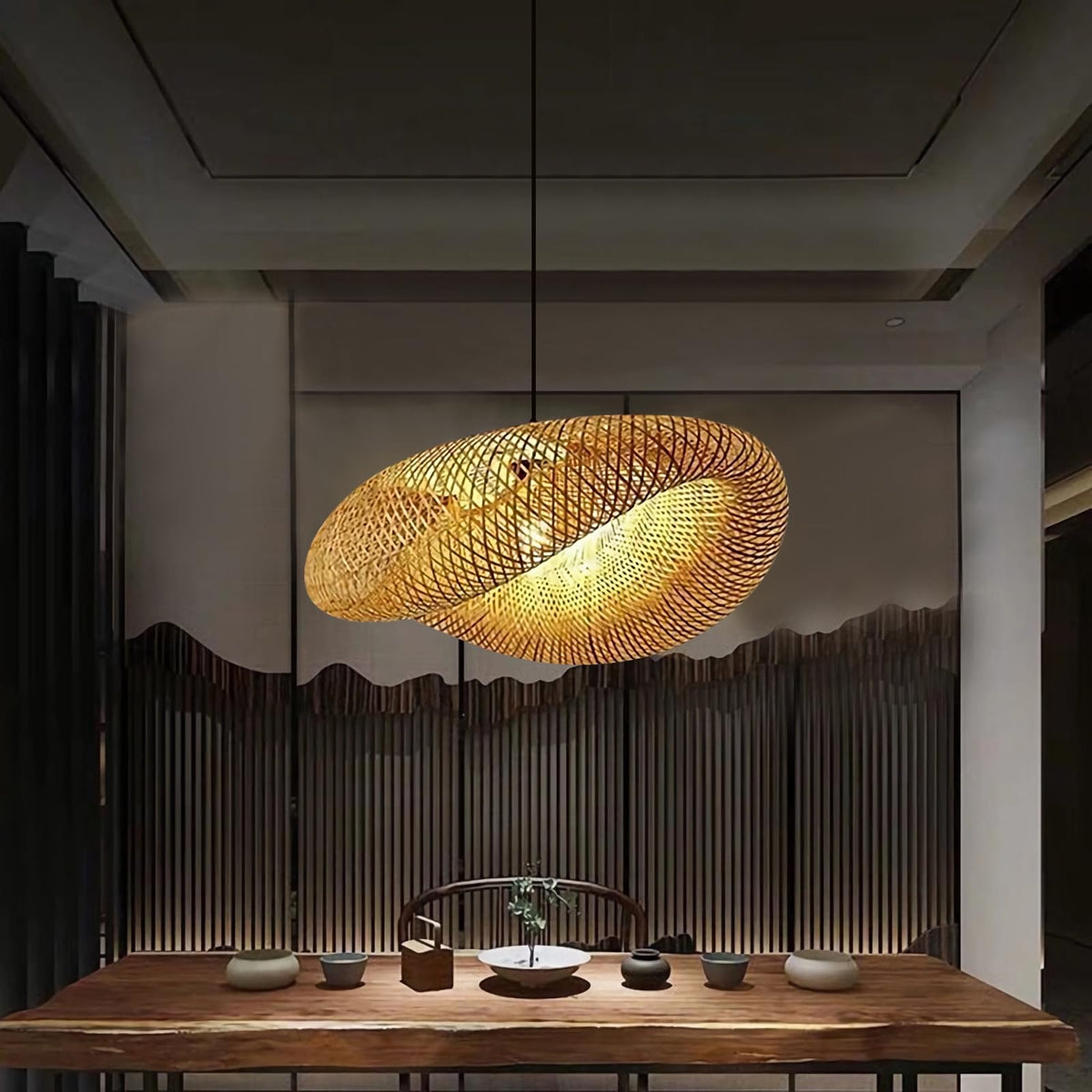 Farmhouse Bamboo pendant light fixture for kitchen island, Dining room, Hand-Woven Conch Bamboo Hanging Lamp, Creative Rattan Ch